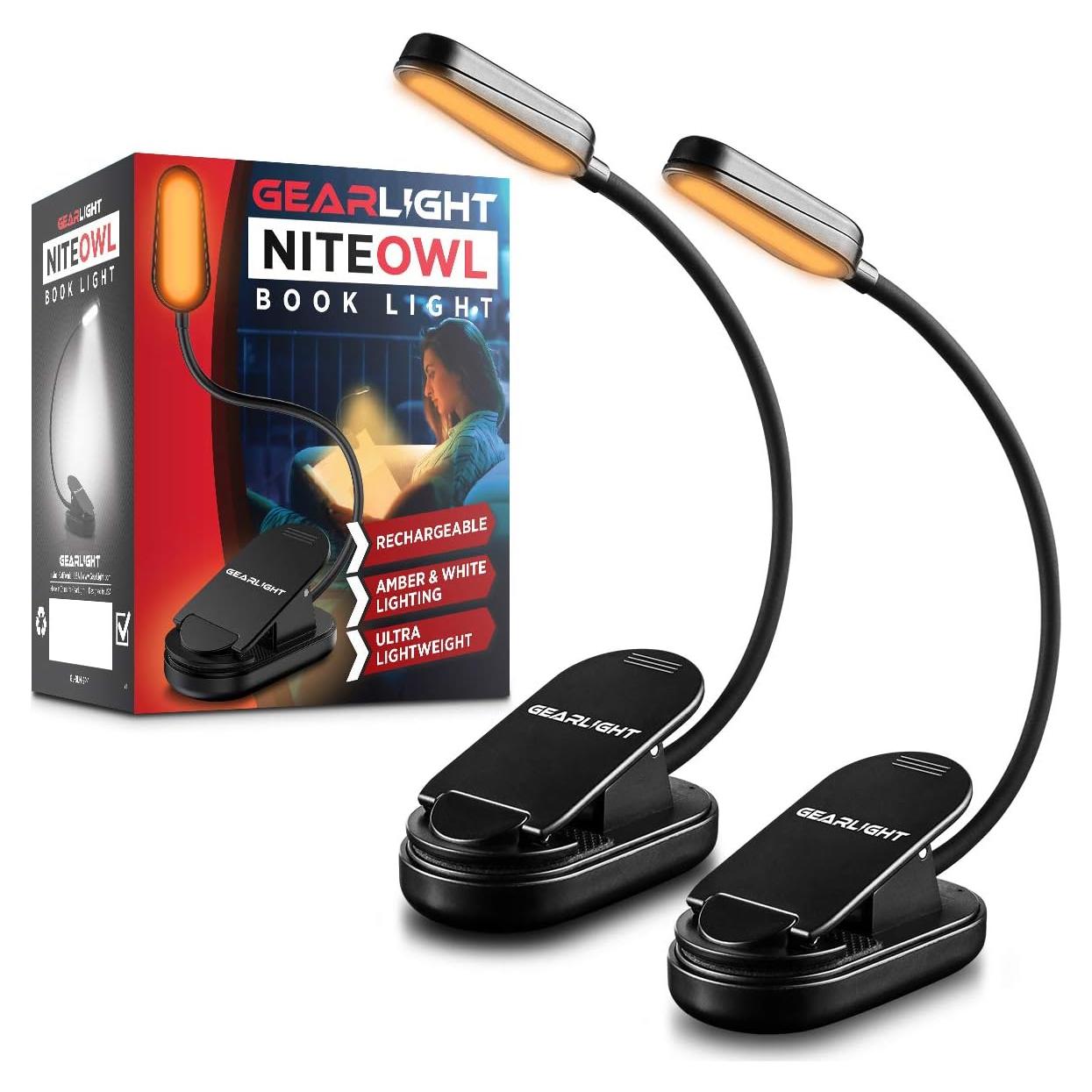 GearLight Rechargeable Book Light for Reading in Bed - 2 Pack Adjustable LED Clip-on Lamp with 3 Light Modes - Rechargeable, Flexible Neck Reading Light for Books, Laptops, and More