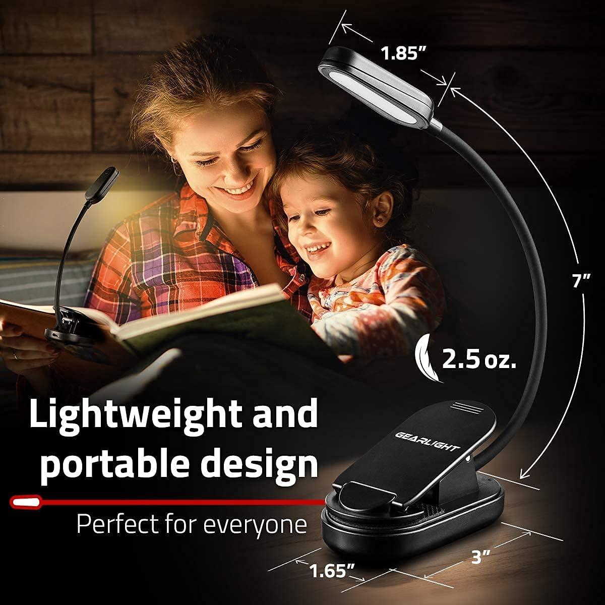 GearLight Rechargeable Book Light for Reading in Bed - 2 Pack Adjustable LED Clip-on Lamp with 3 Light Modes - Rechargeable, Flexible Neck Reading Light for Books, Laptops, and More