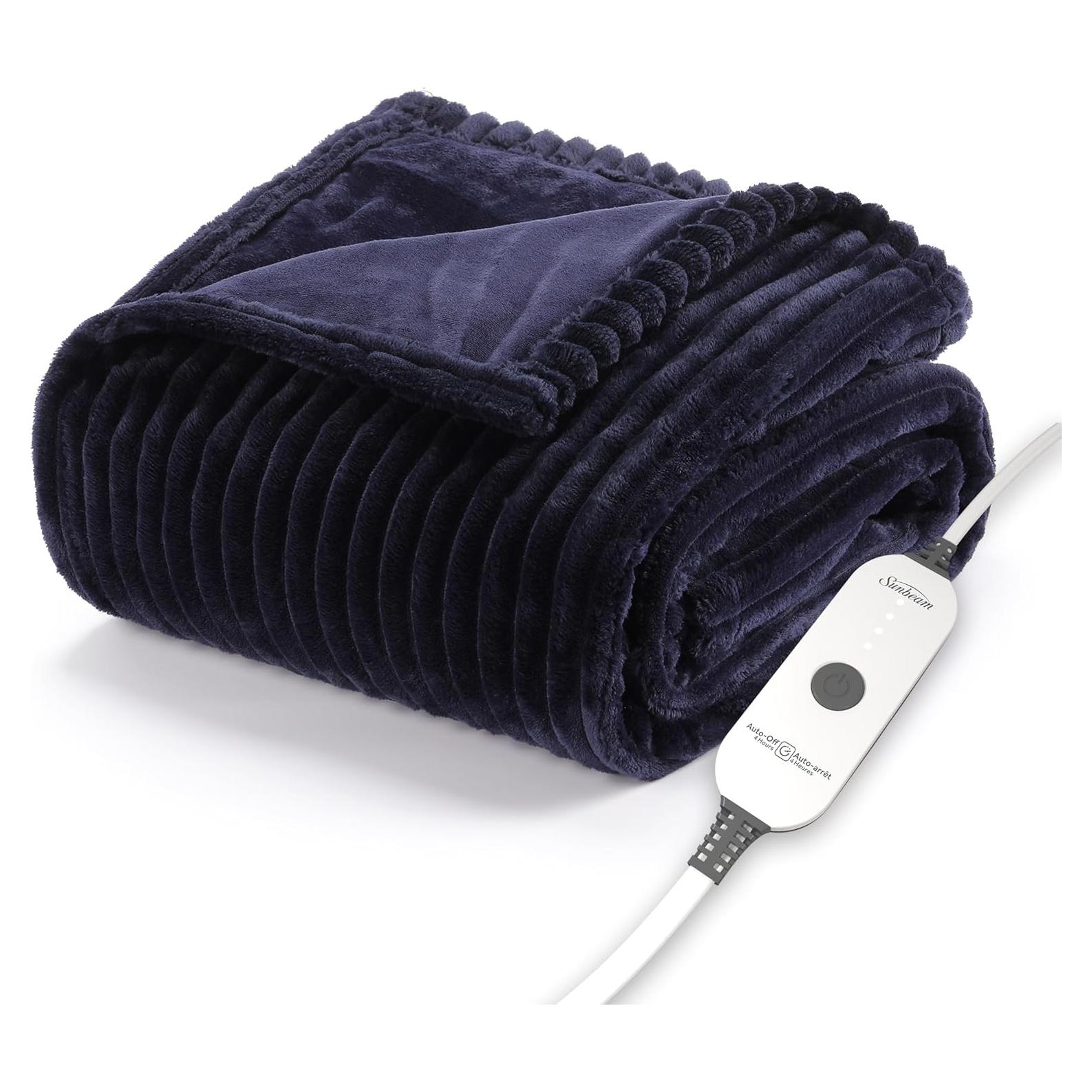 Sunbeam Royal Posh Velvet Heated Throw Electric Blanket, 50" x 60", 4 Heat Settings, 4-Hour Auto Shut-Off, Warming Throw for Couch, Fast Heating, Machine Washable, Warm and Cozy, Ribbed Admiral Blue