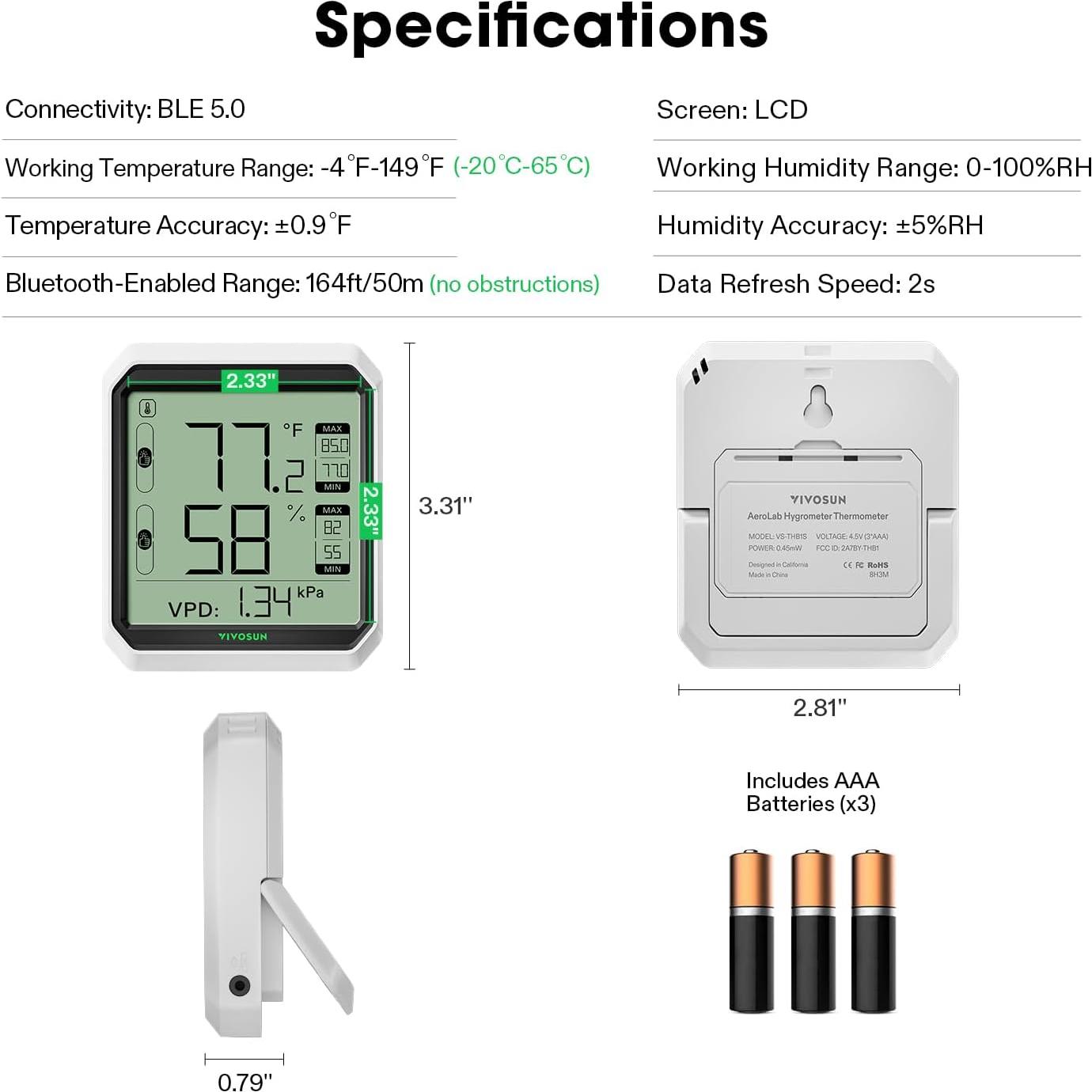 Higrómetro Termómetro Inalámbrico VIVOSUN VS-THB1 Bluetooth