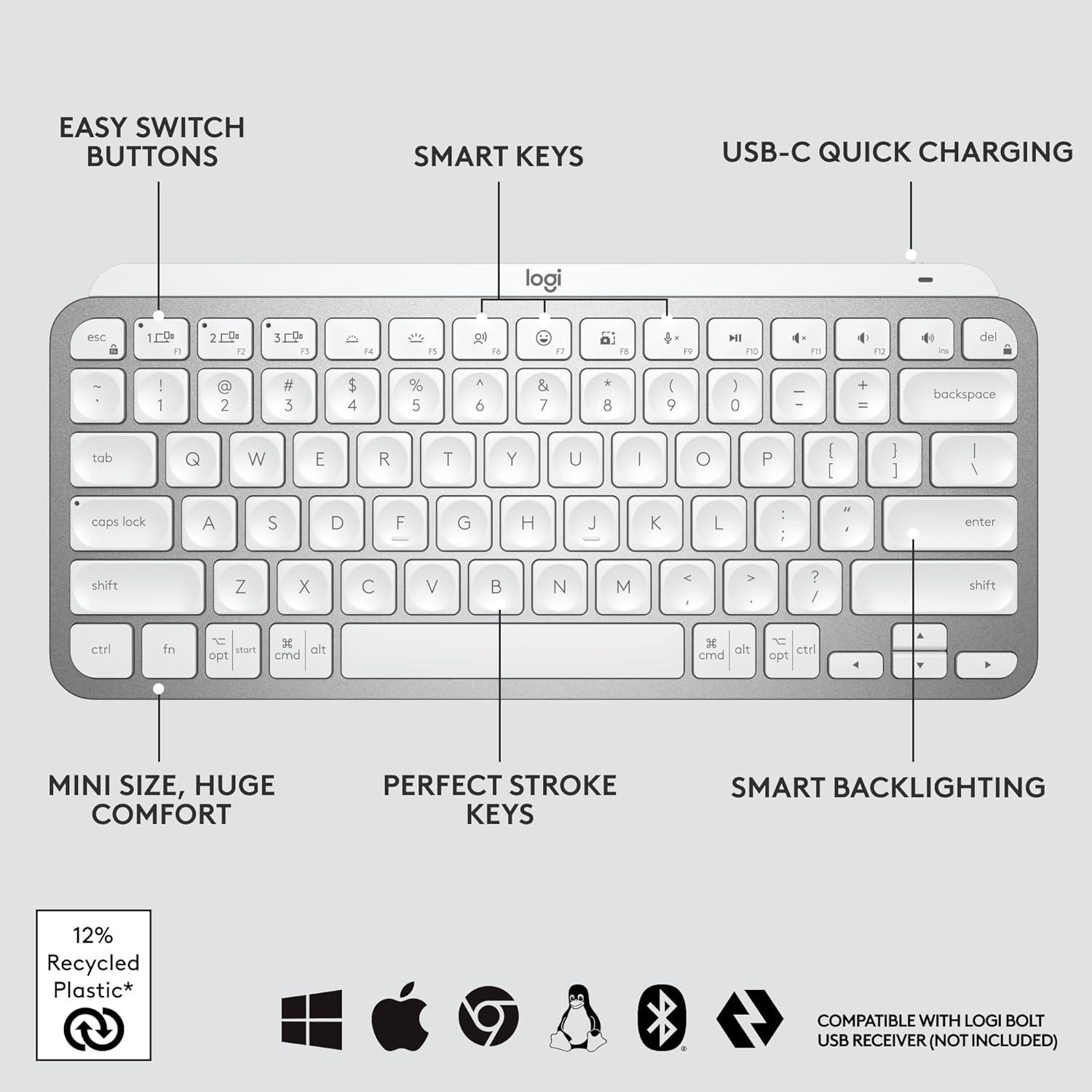 Teclado Inalámbrico Logitech MX Keys Mini Retroiluminado - Gris Pálido