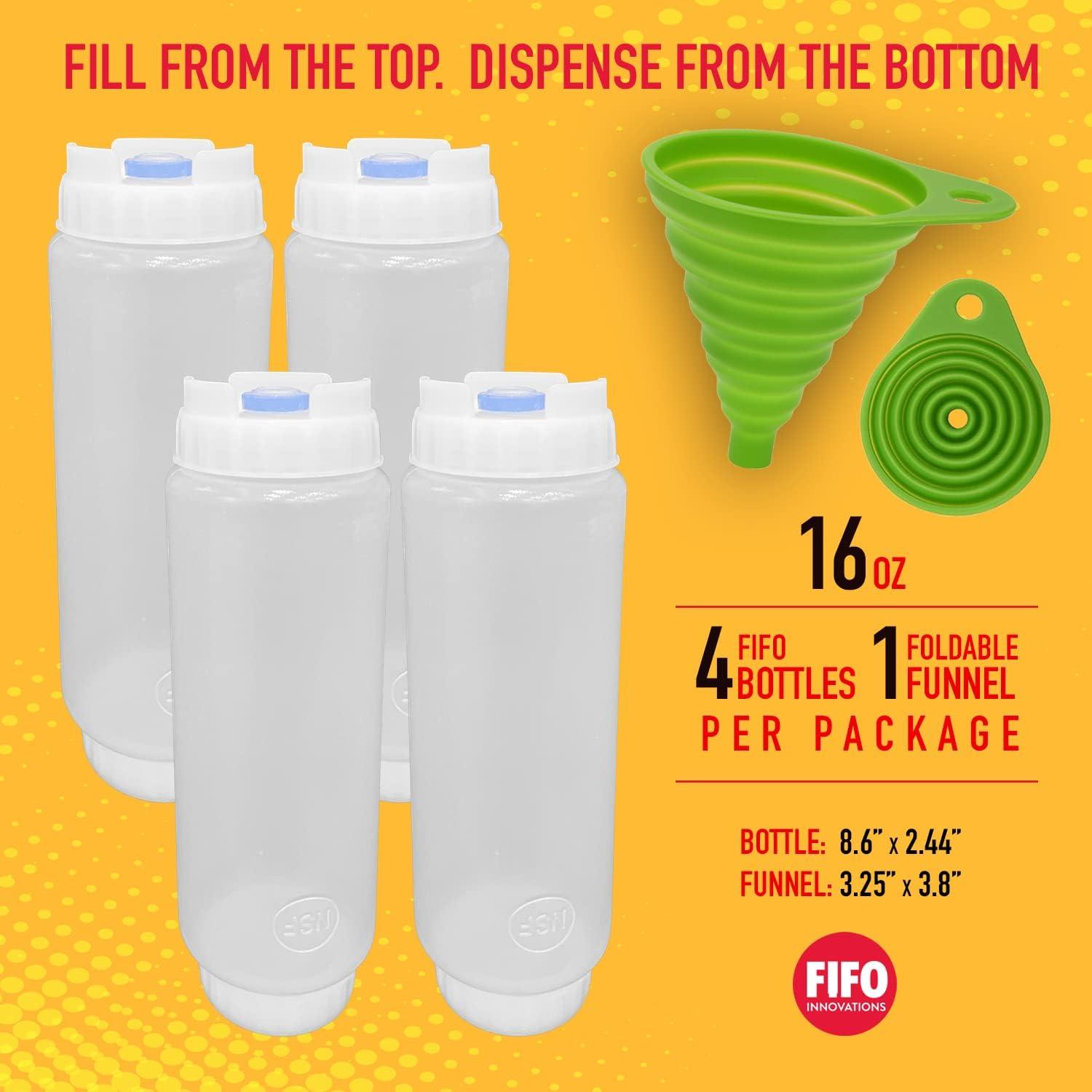 FIFO Squeeze Bottle Refillable (4 Pack) Blue Dispenser for Thick Condiments, Tartar Sauces, Rellish and Dressing with Flexible Funnel