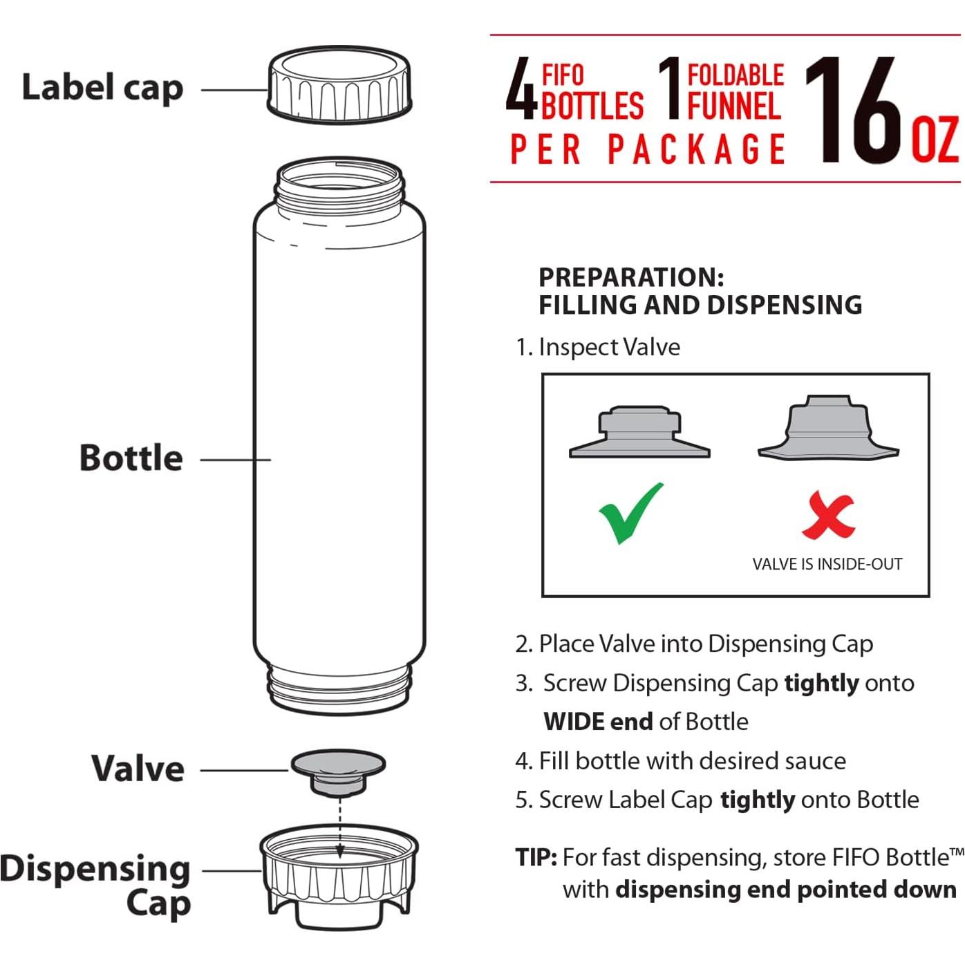 FIFO Squeeze Bottle Refillable (4 Pack) Blue Dispenser for Thick Condiments, Tartar Sauces, Rellish and Dressing with Flexible Funnel