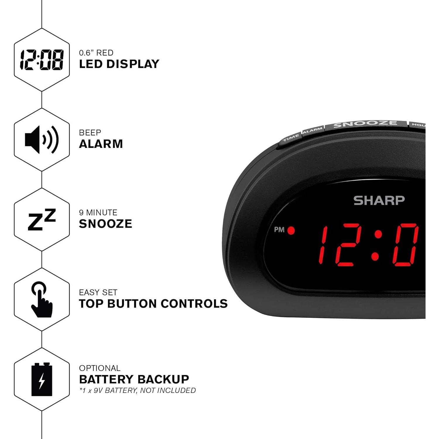 Reloj Despertador Digital SHARP Negro con Snooze y Batería