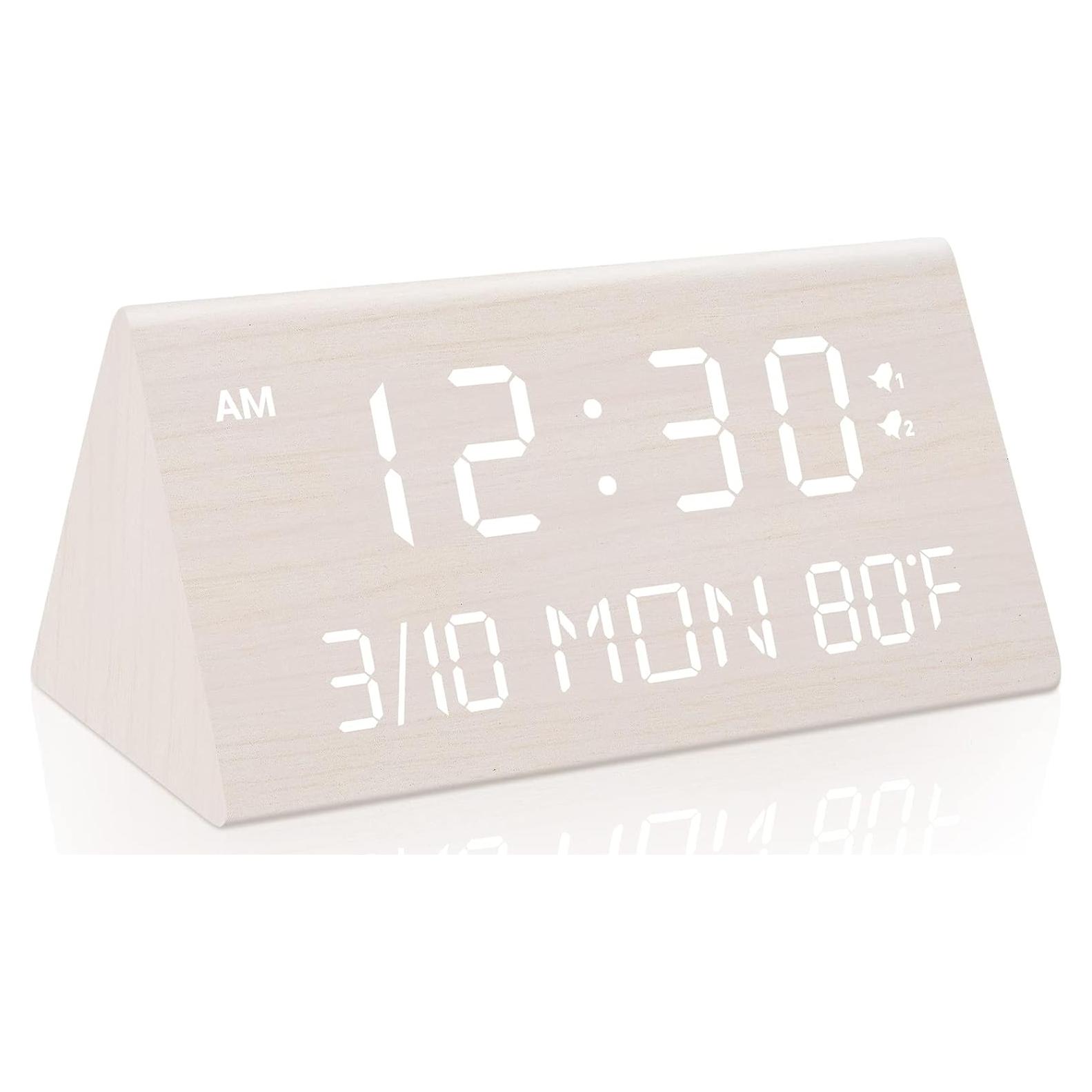 Reloj Despertador Digital Kogonee de Madera Blanco, Doble Alarma