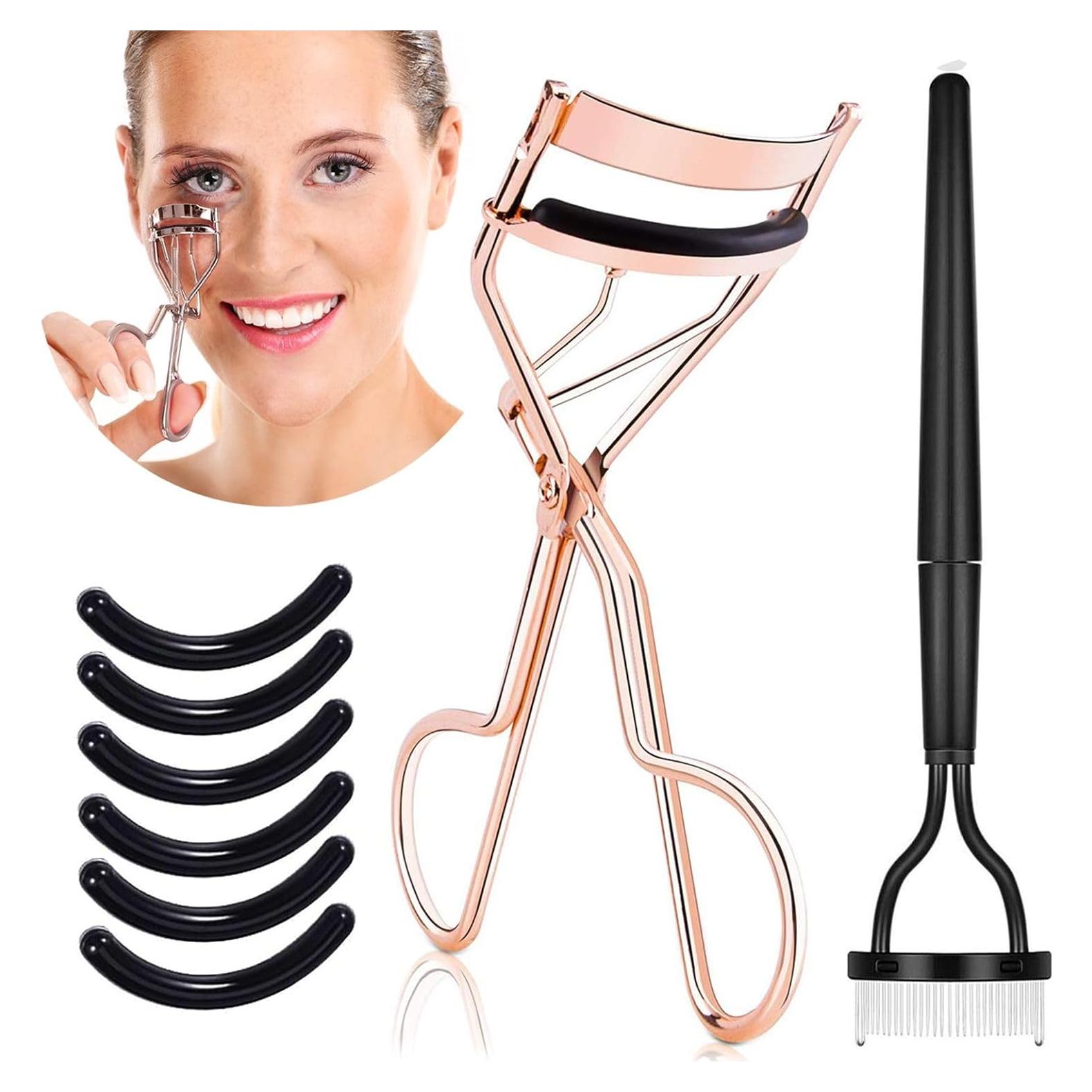 Rizador de Pestañas Genérico Rosa Dorado con Peine y Almohadillas