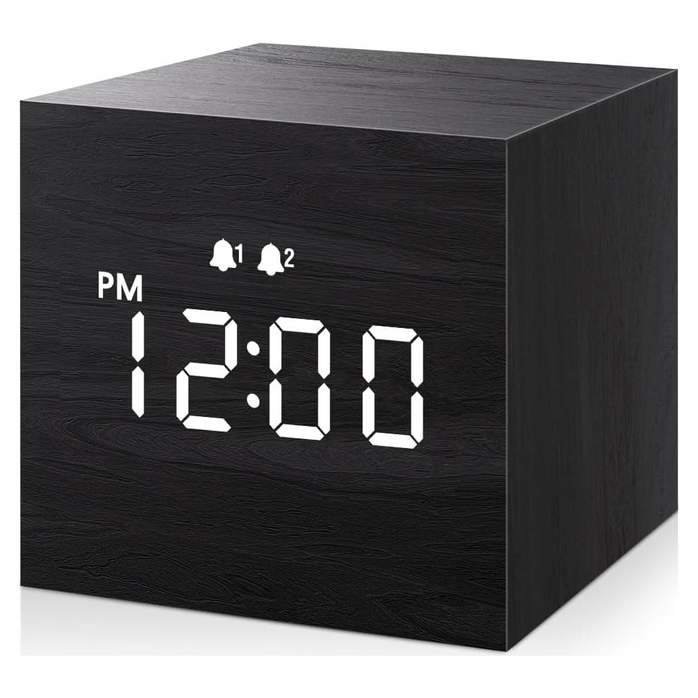 Reloj Despertador Digital JALL, Madera, Doble Alarma, Negro