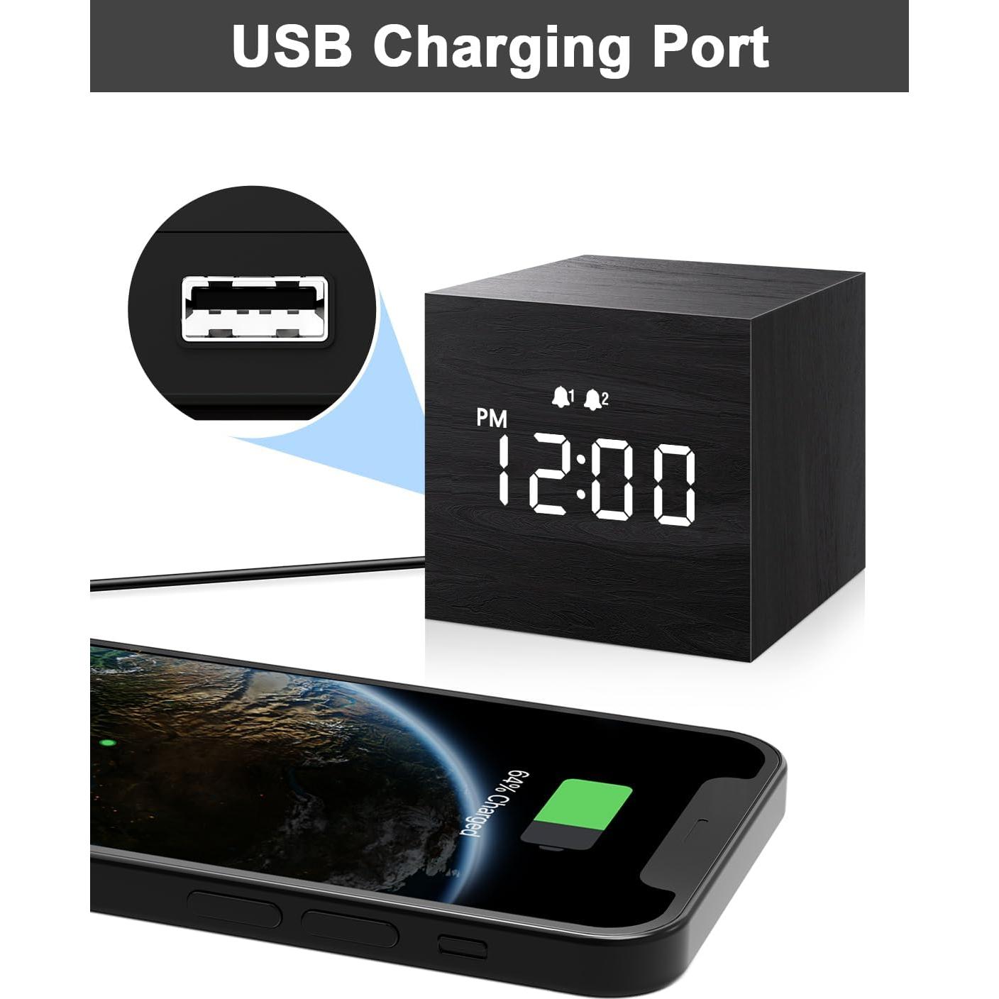 Reloj Despertador Digital JALL, Madera, Doble Alarma, Negro