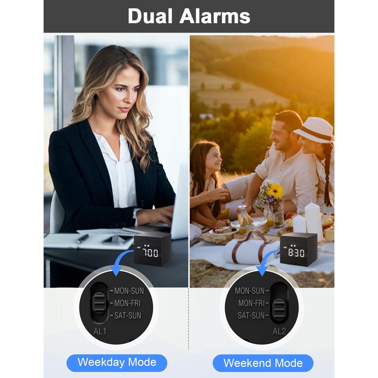 Reloj Despertador Digital JALL, Madera, Doble Alarma, Negro