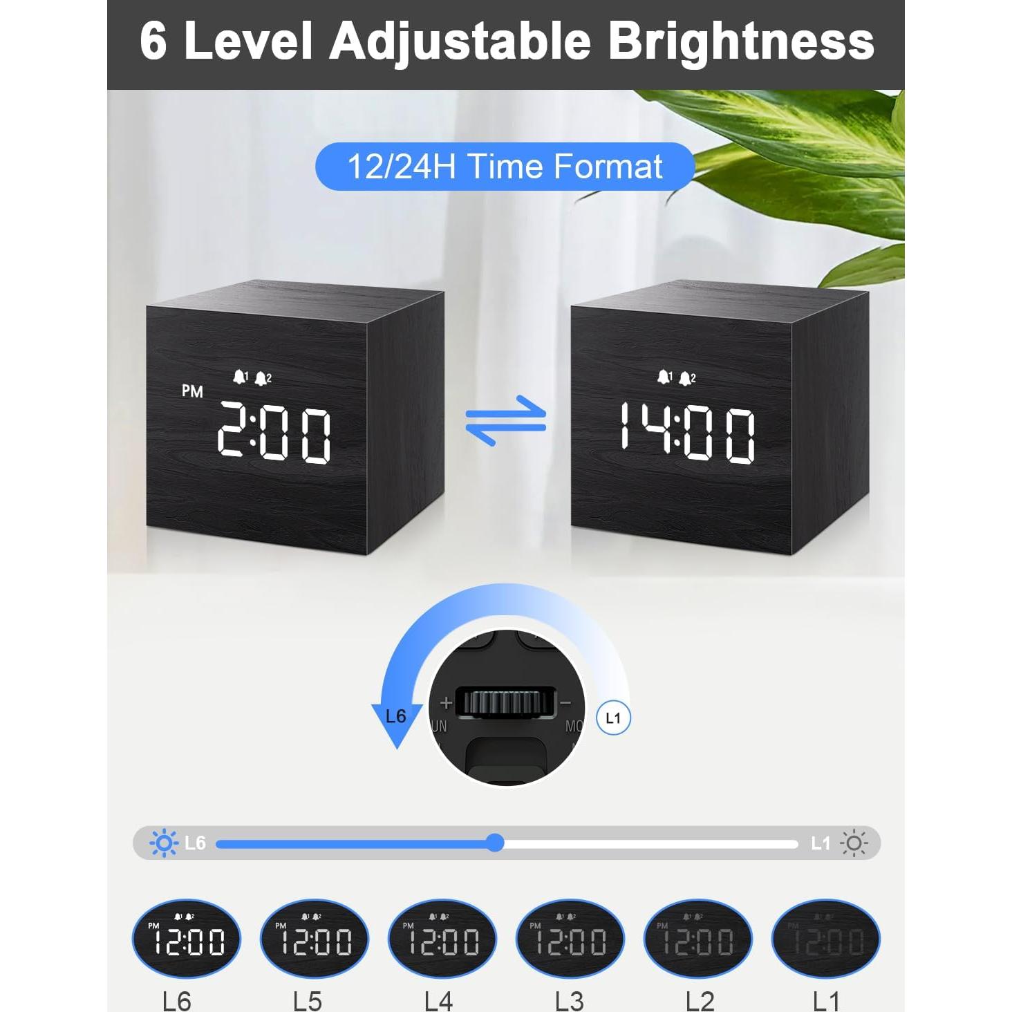 Reloj Despertador Digital JALL, Madera, Doble Alarma, Negro