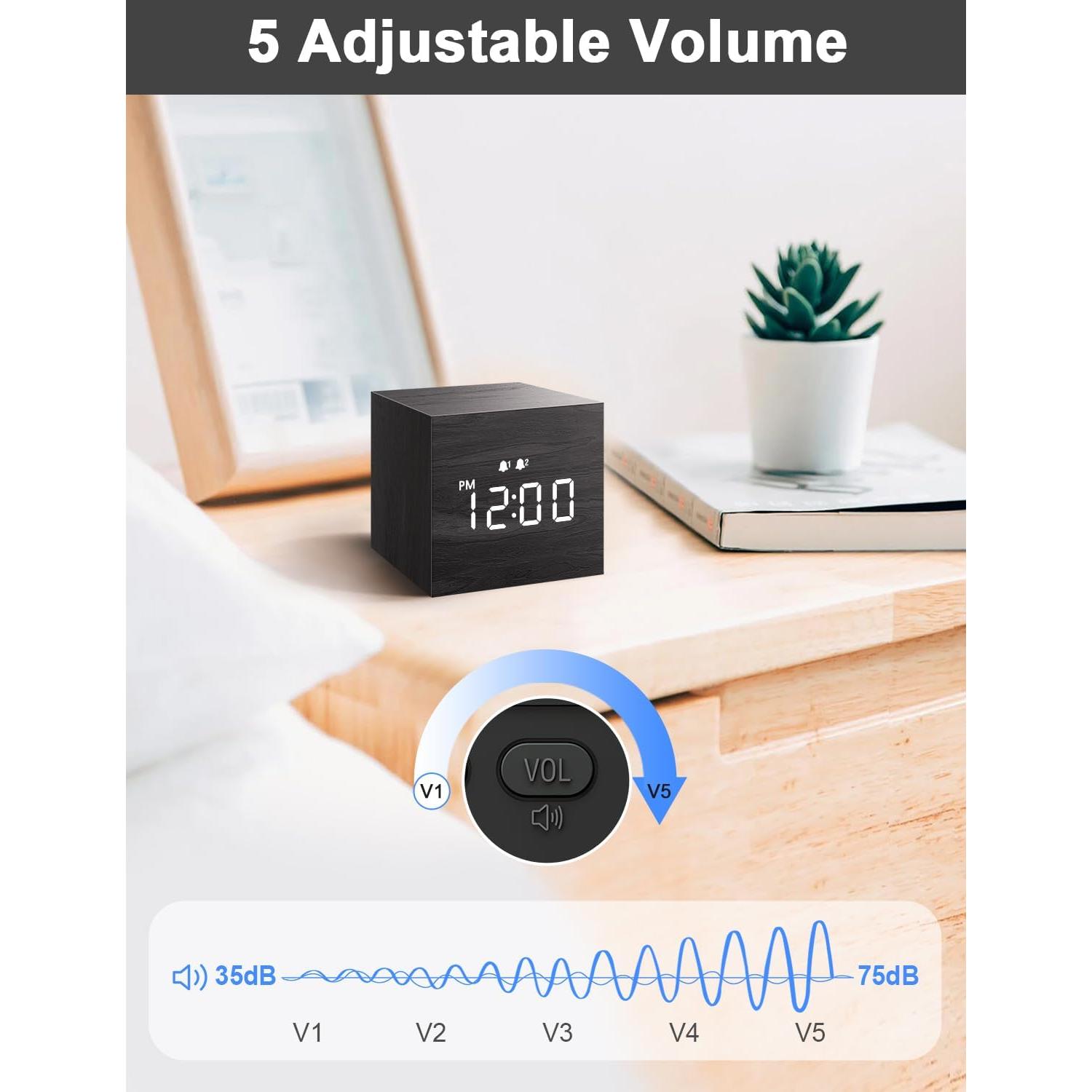 Reloj Despertador Digital JALL, Madera, Doble Alarma, Negro