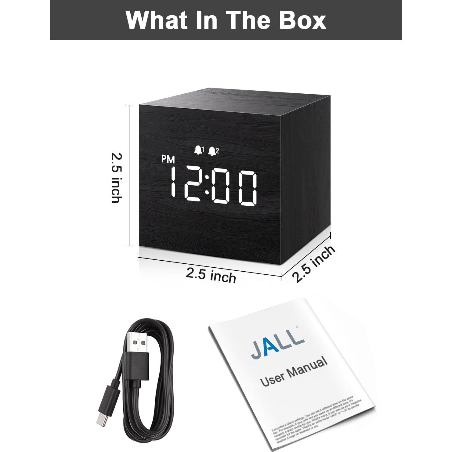 Reloj Despertador Digital JALL, Madera, Doble Alarma, Negro
