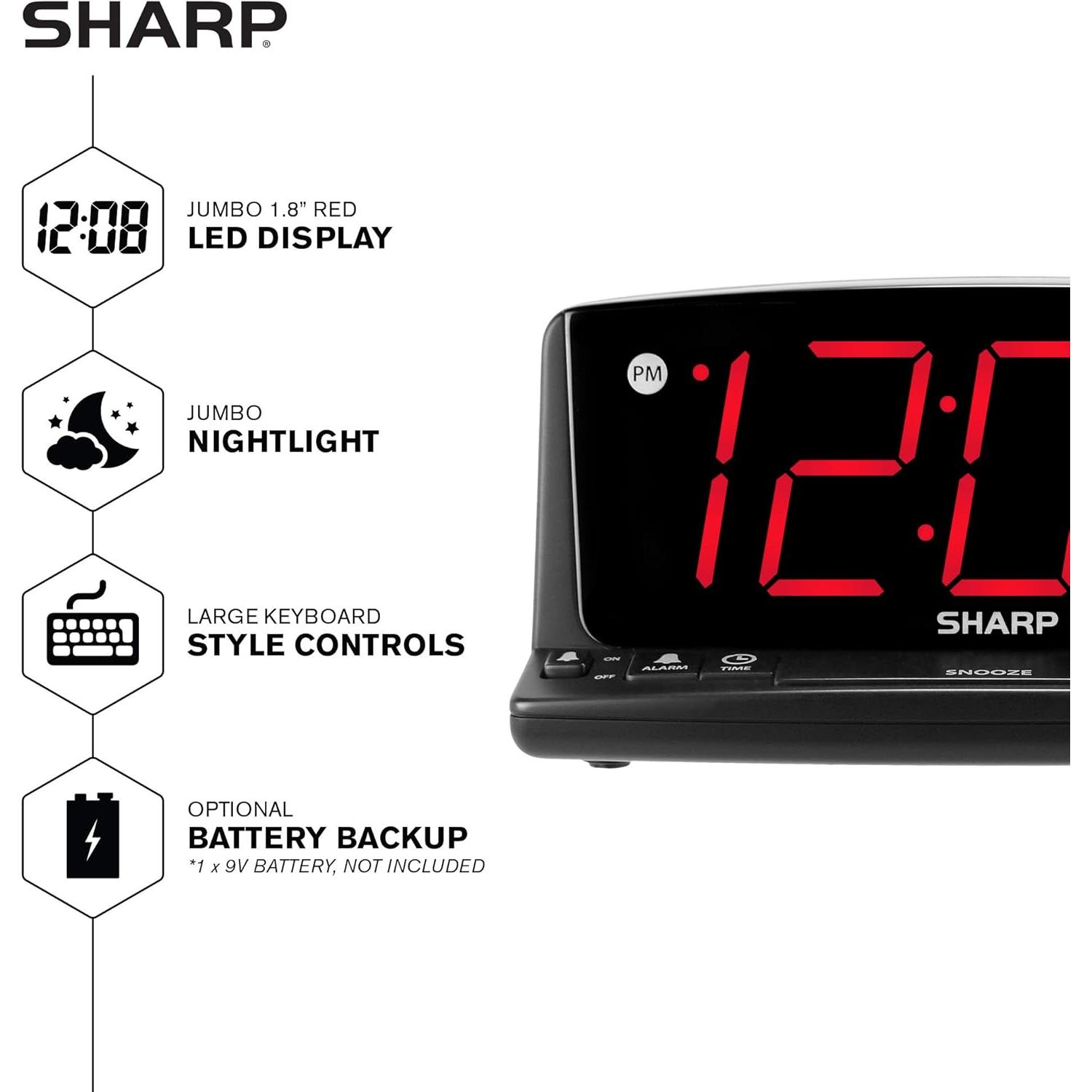 Reloj Despertador Digital Sharp LED Rojo - Números Grandes