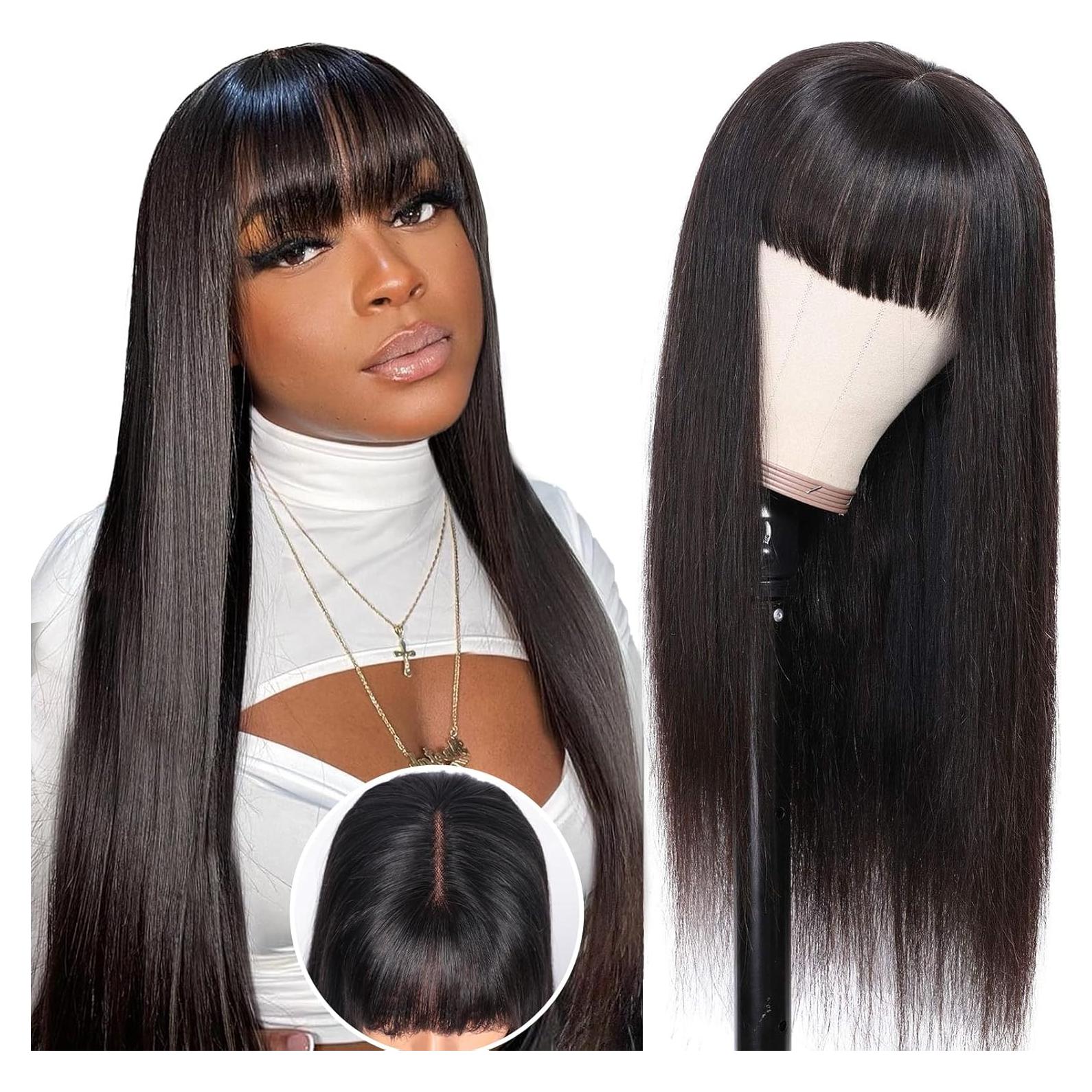 Peluca de cabello humano lacio 20" Ruiyu con flequillo