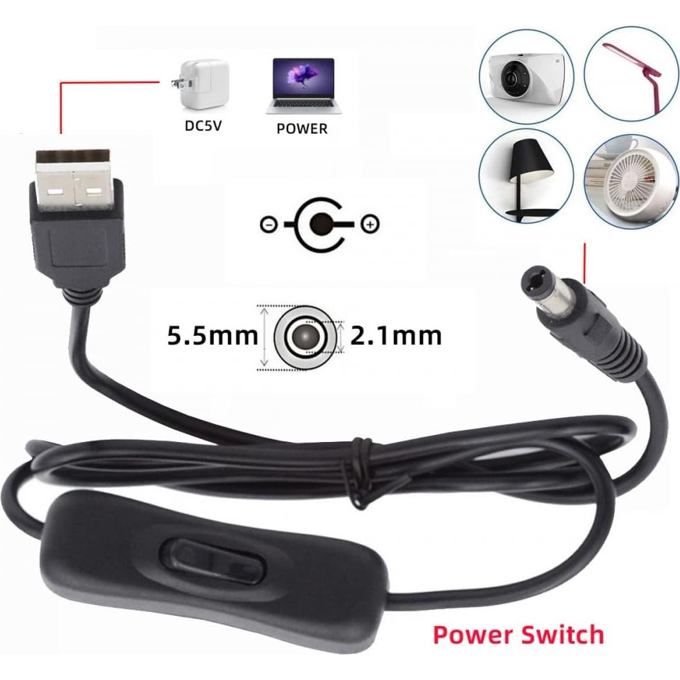 Cable DC 5.5mm con USB Tipo-A y botón encendido 1m CY