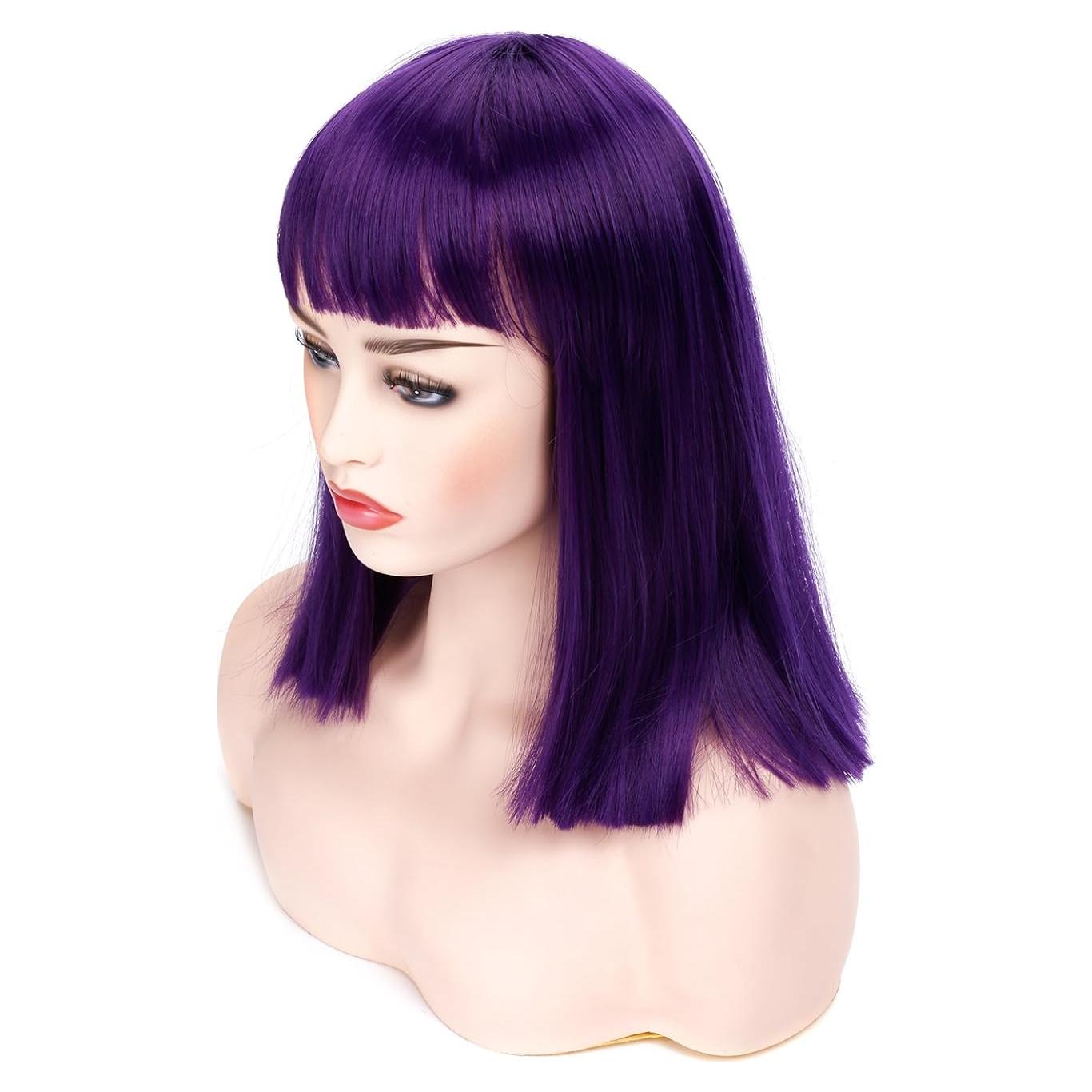 Peluca corta recta Morvally morada con flequillo 35.56 cm