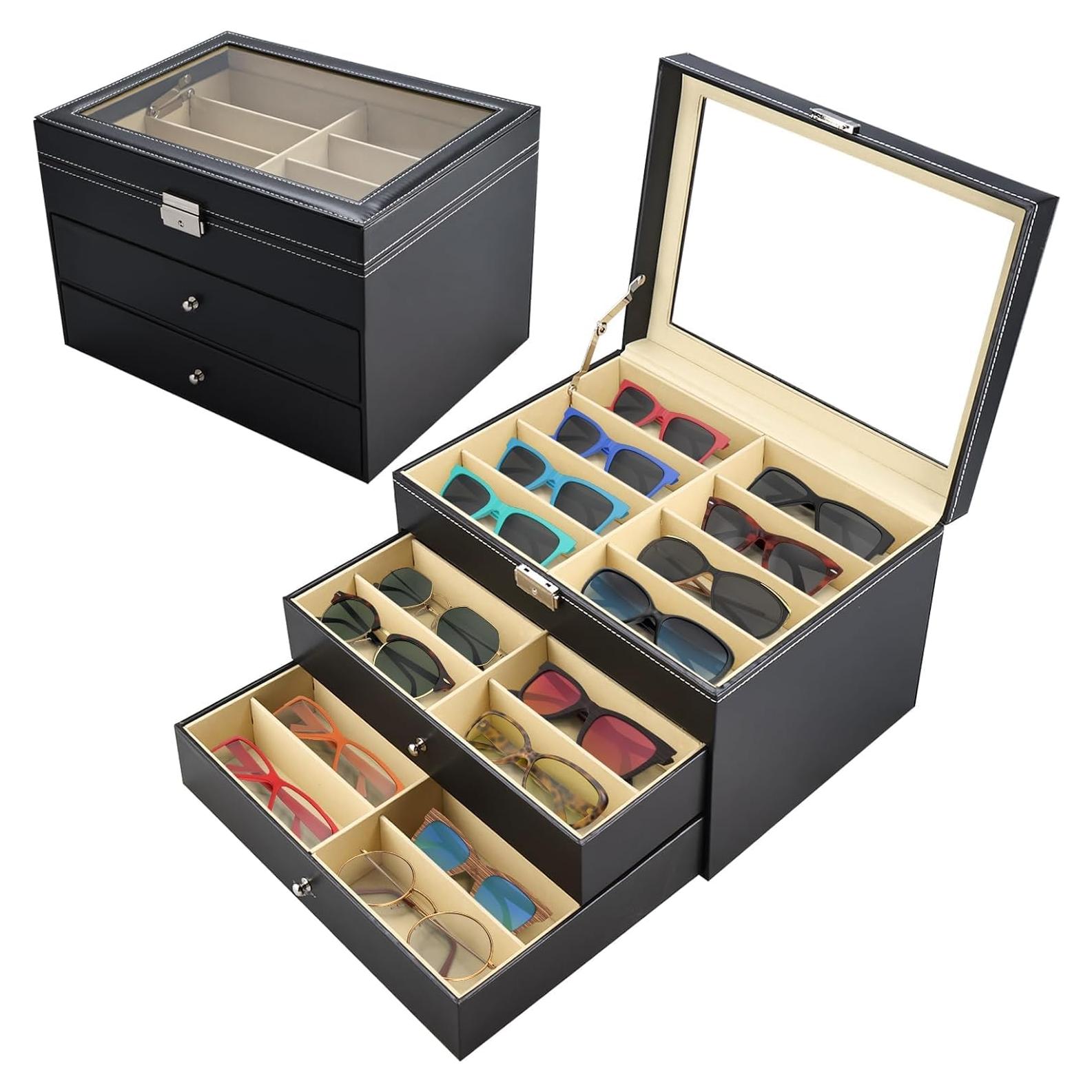 Organizador de Gafas de Sol con Tapa de Vidrio y Cerradura - Negro