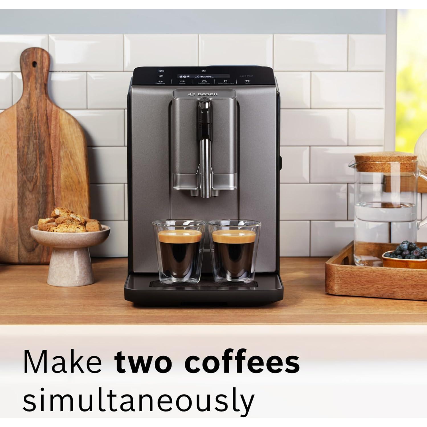 Bosch TIU20508 300 Series Fully Automatic Espresso Machine with Milk Express (in-cup frother), LCD + Touch Control Panel, Cup Warmer, OneTouch Milk-based Beverages and 5 Beverage Options, Dark Silver