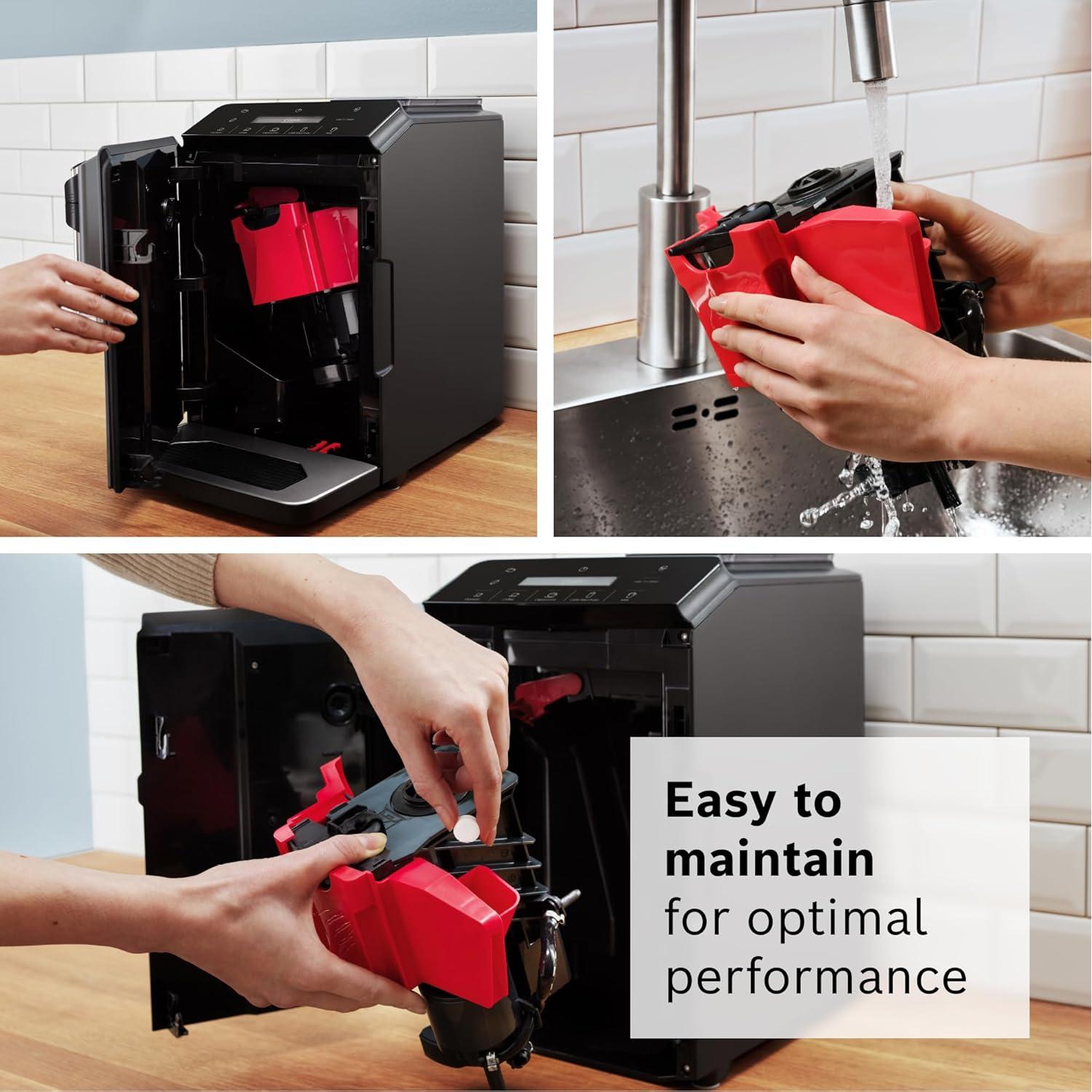 Bosch TIU20508 300 Series Fully Automatic Espresso Machine with Milk Express (in-cup frother), LCD + Touch Control Panel, Cup Warmer, OneTouch Milk-based Beverages and 5 Beverage Options, Dark Silver