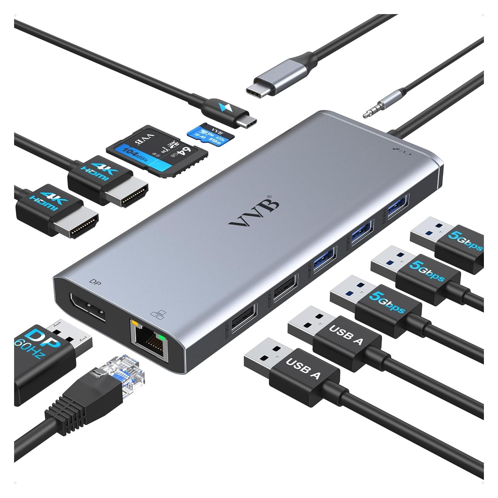 Estación Acoplamiento USB C VVB 13 en 1 2 HDMI 4K Ethernet