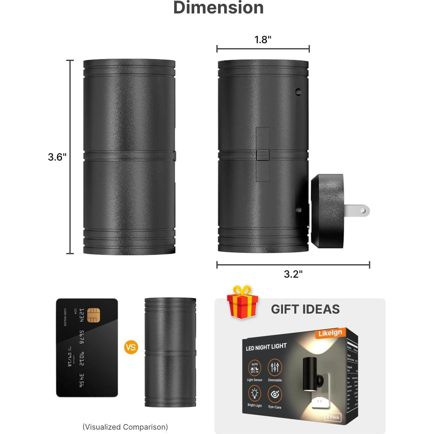 Luz Nocturna LED Regulable Likelgn, Paquete de 4, Negro