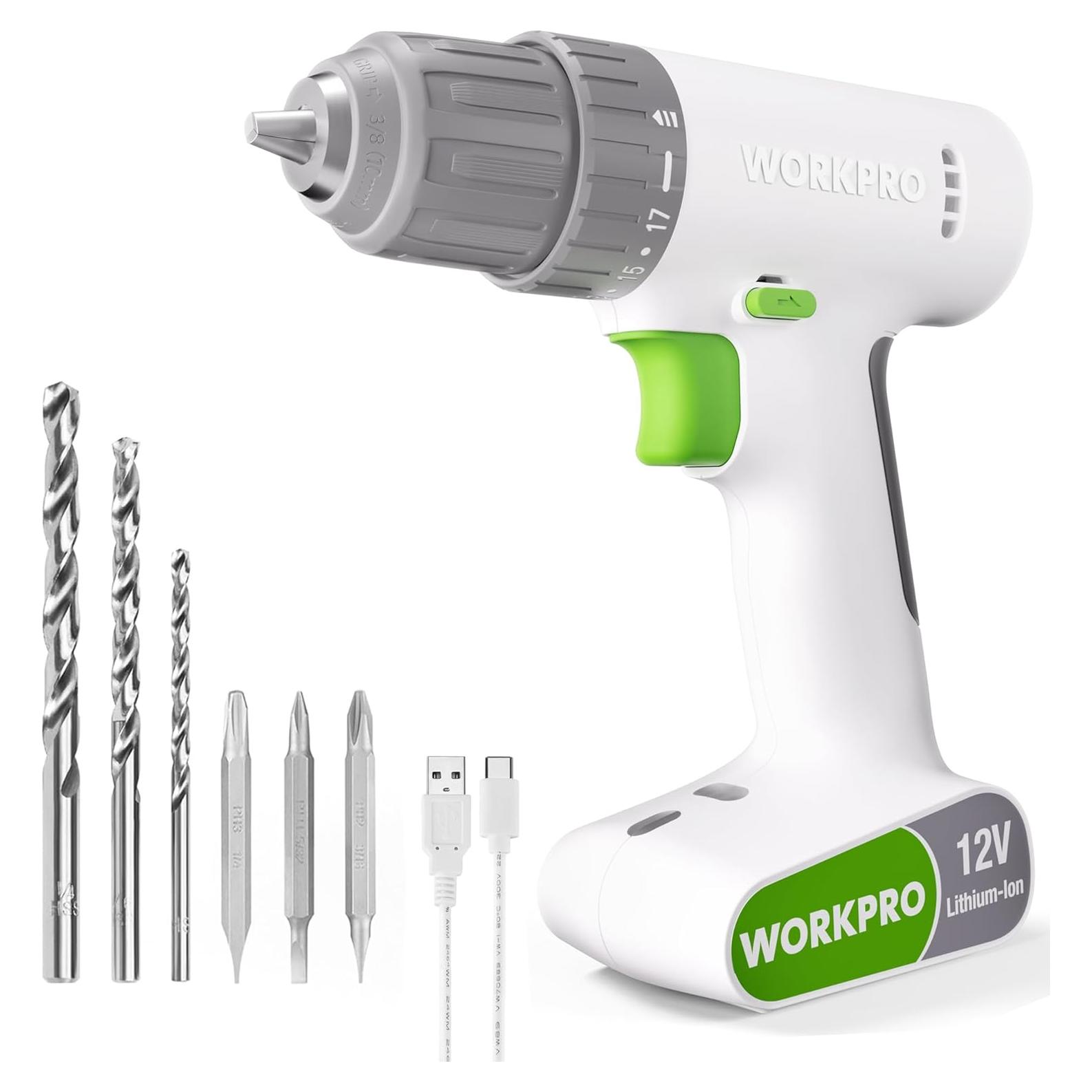 Taladro Inalámbrico WORKPRO 12V con 6 Brocas y Luz LED