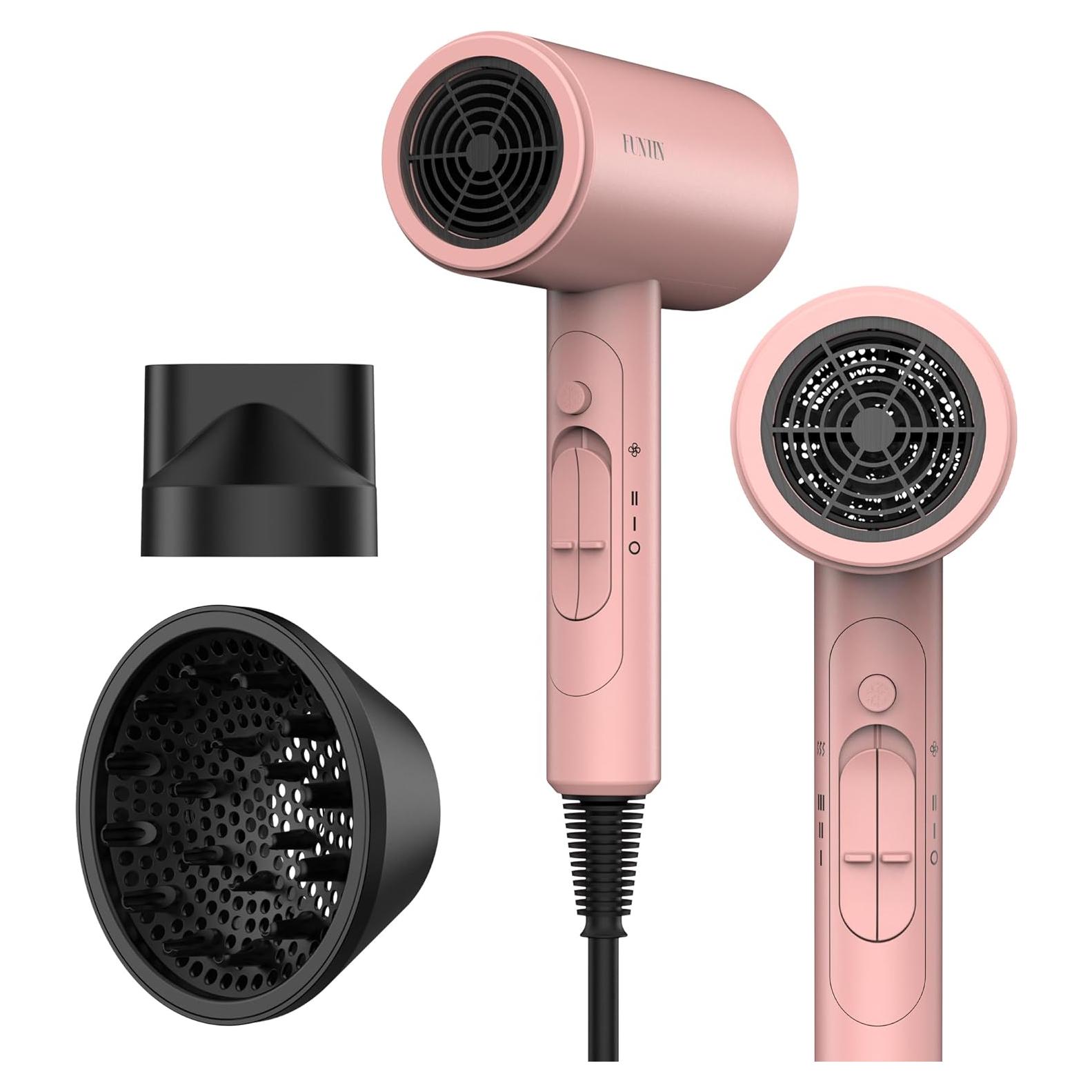 Secador de Pelo FUNTIN F01 Iónico 1800W con Difusor y Cepillo Rosa