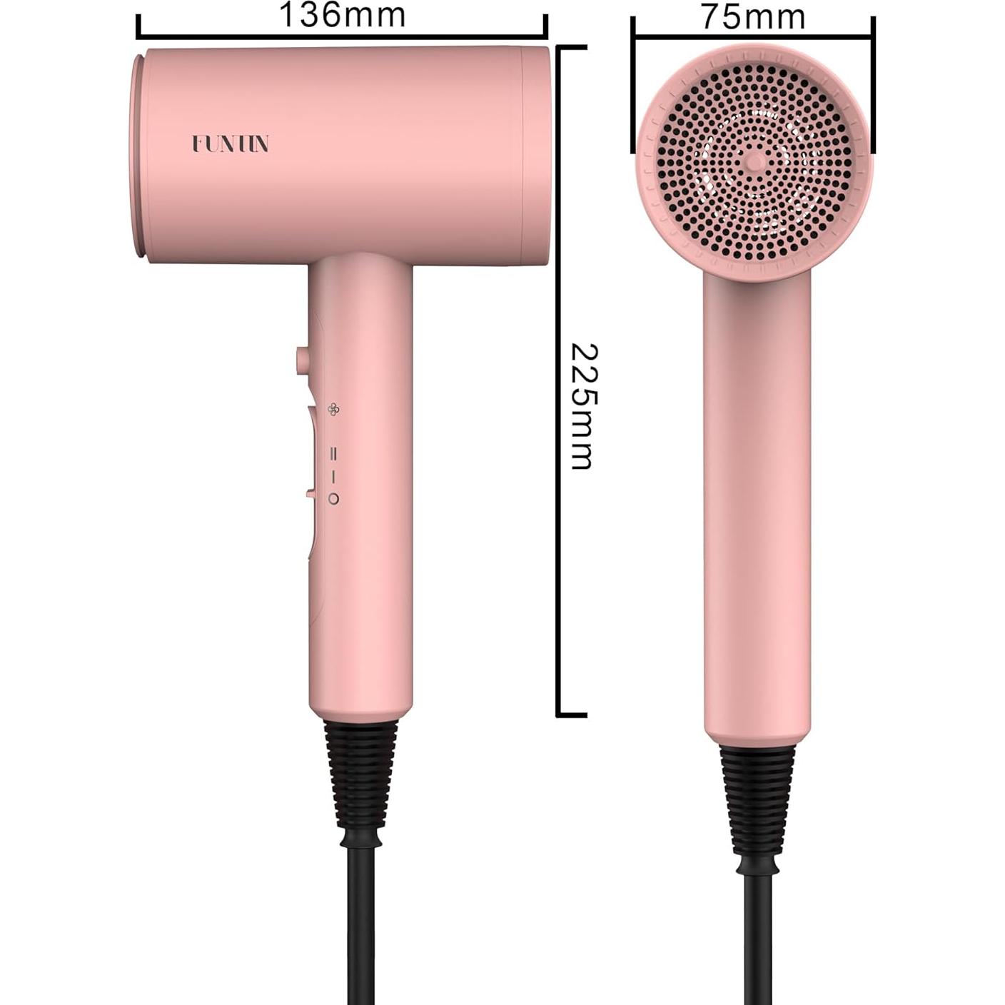 Secador de Pelo FUNTIN F01 Iónico 1800W con Difusor y Cepillo Rosa