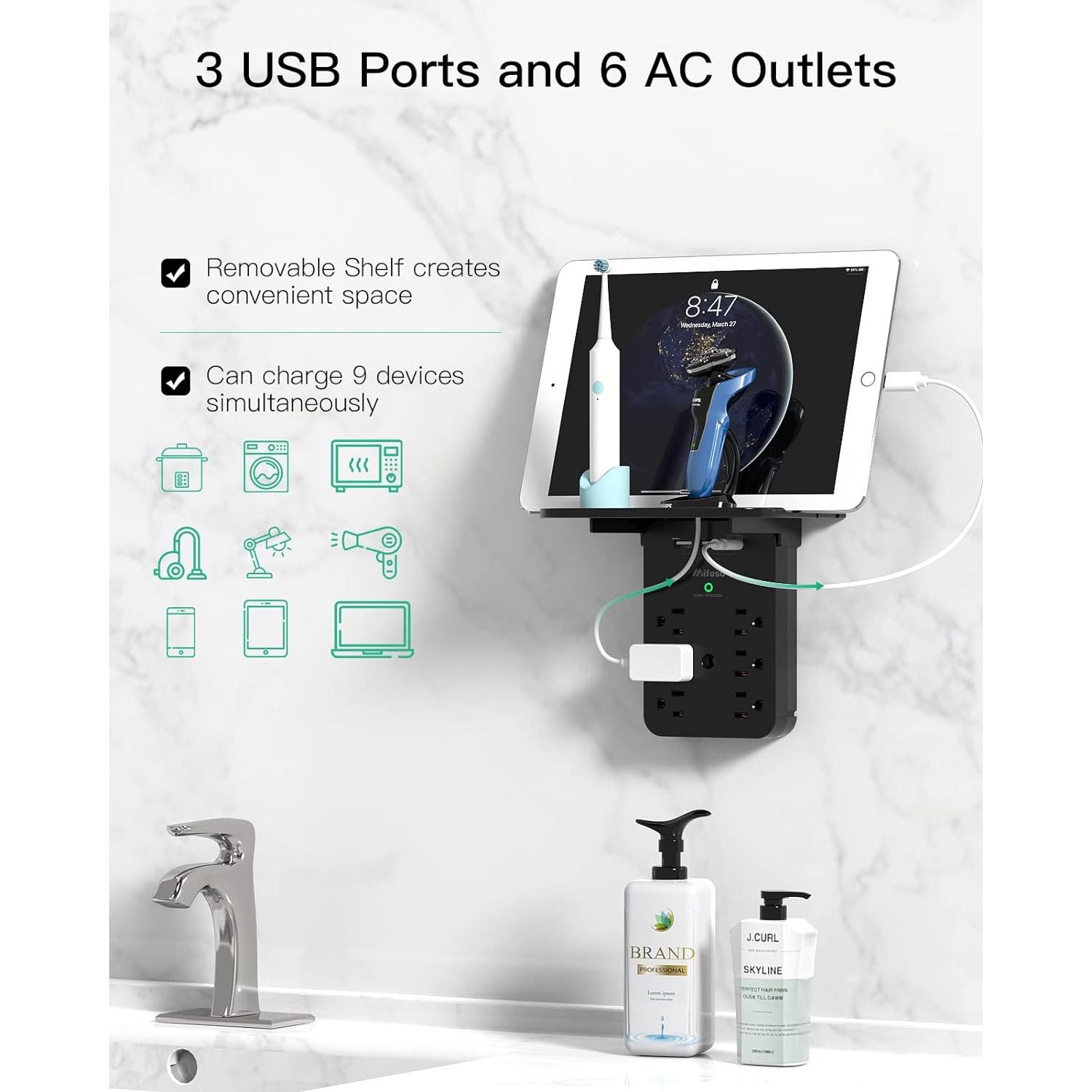 Extensor de Enchufe Mifaso 6 AC + 3 USB Carga Rápida Negro