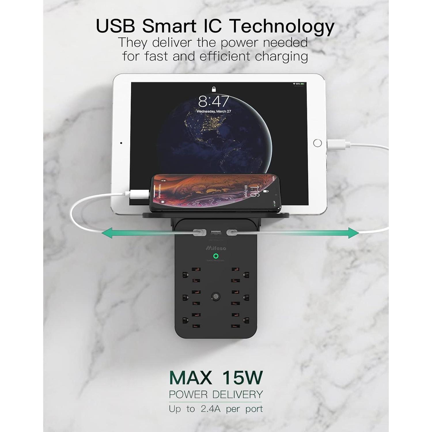 Extensor de Enchufe Mifaso 6 AC + 3 USB Carga Rápida Negro