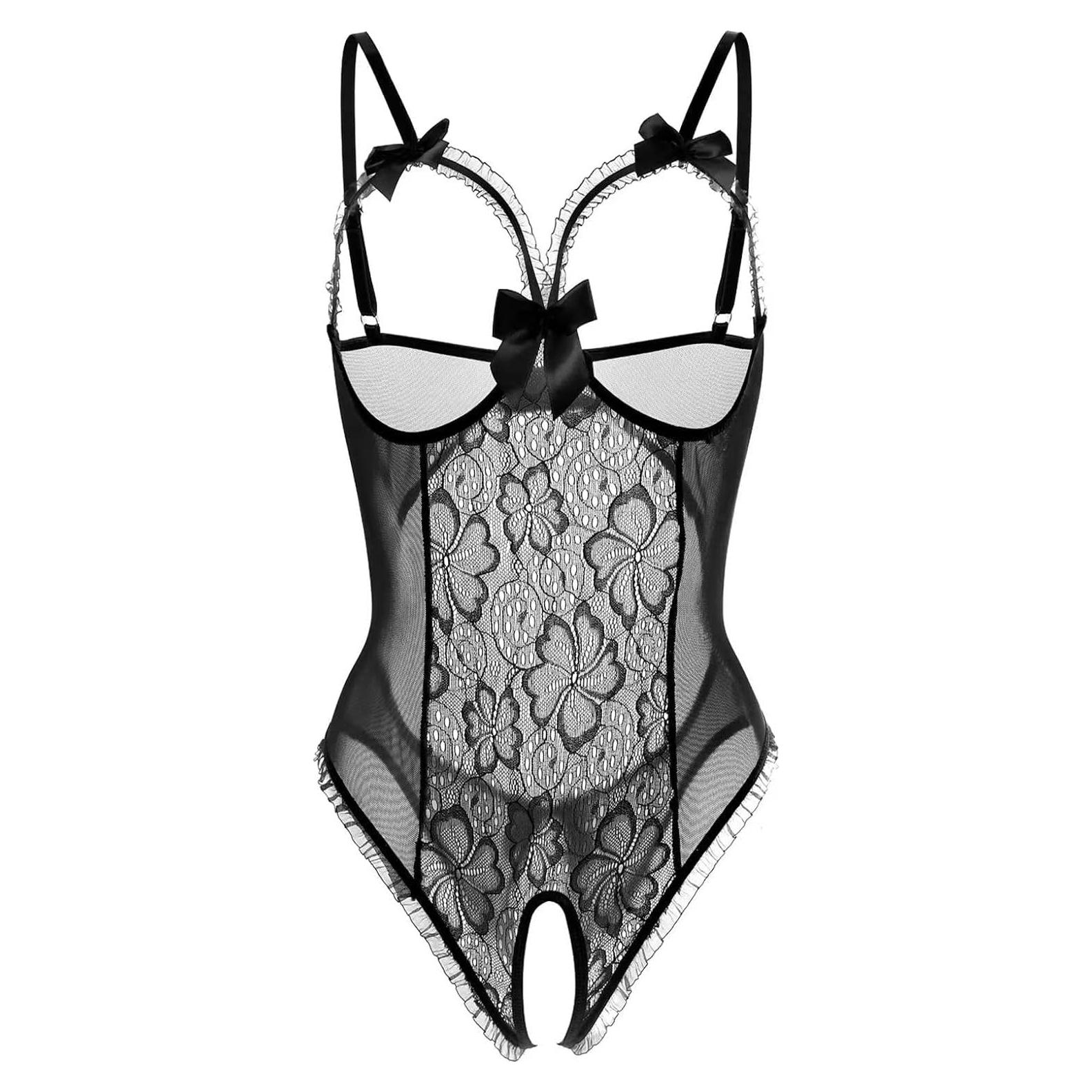 Lencería Sexy AIBINGGE Teddy Encaje Talla Grande Negro