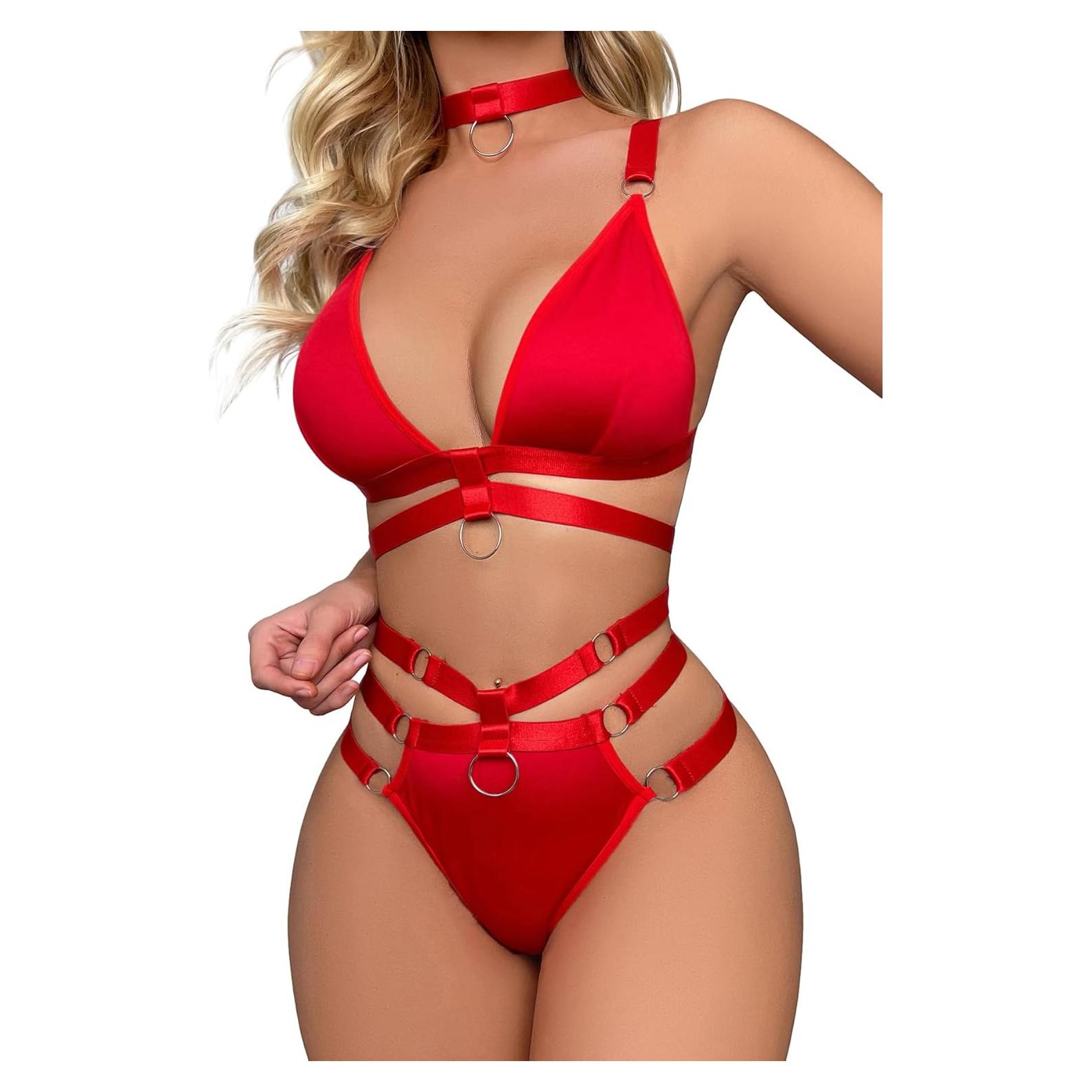 Conjunto Lencería Strappy Lilosy Rojo 3 Piezas Sexy