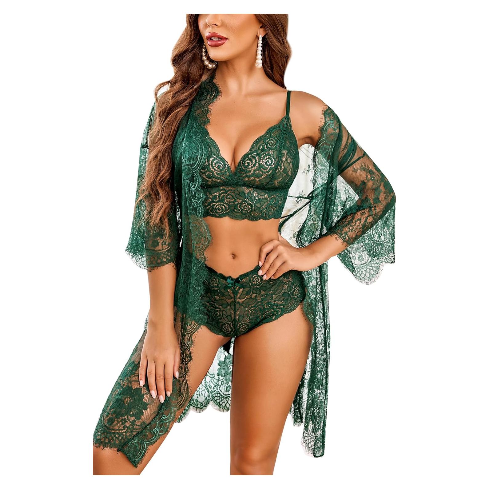 Conjunto de Lencería Sexy Avidlove 3 Piezas Encaje Verde
