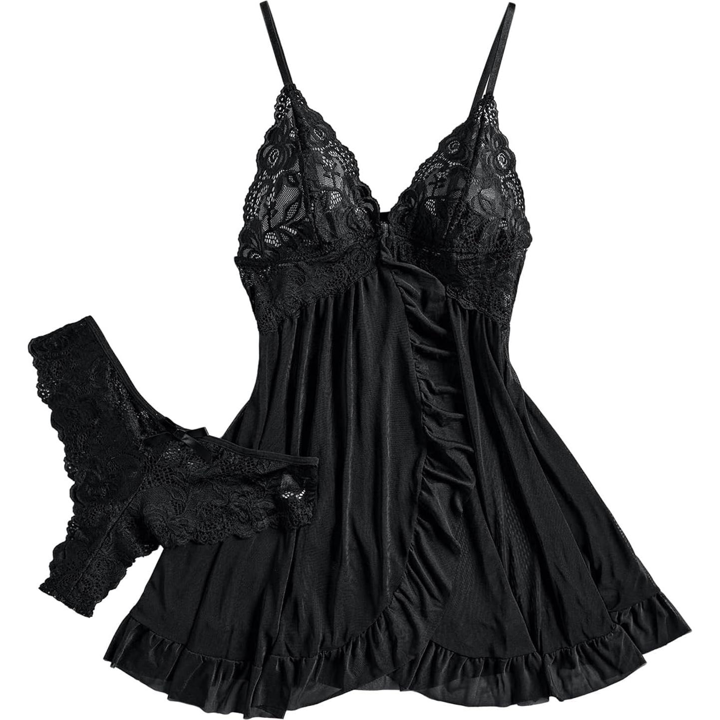 Vestido Lingerie Babydoll Foxiny 2 Piezas Encaje Negro
