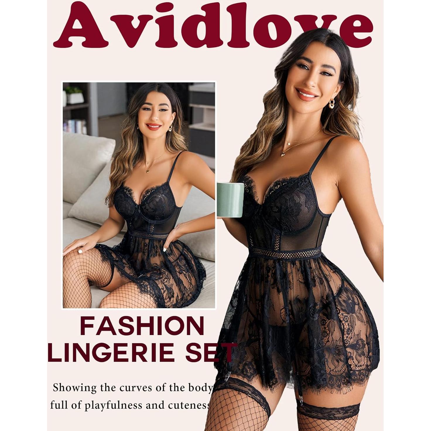 Avidlove Lencería Babydoll de Encaje para Mujeres S-XXL