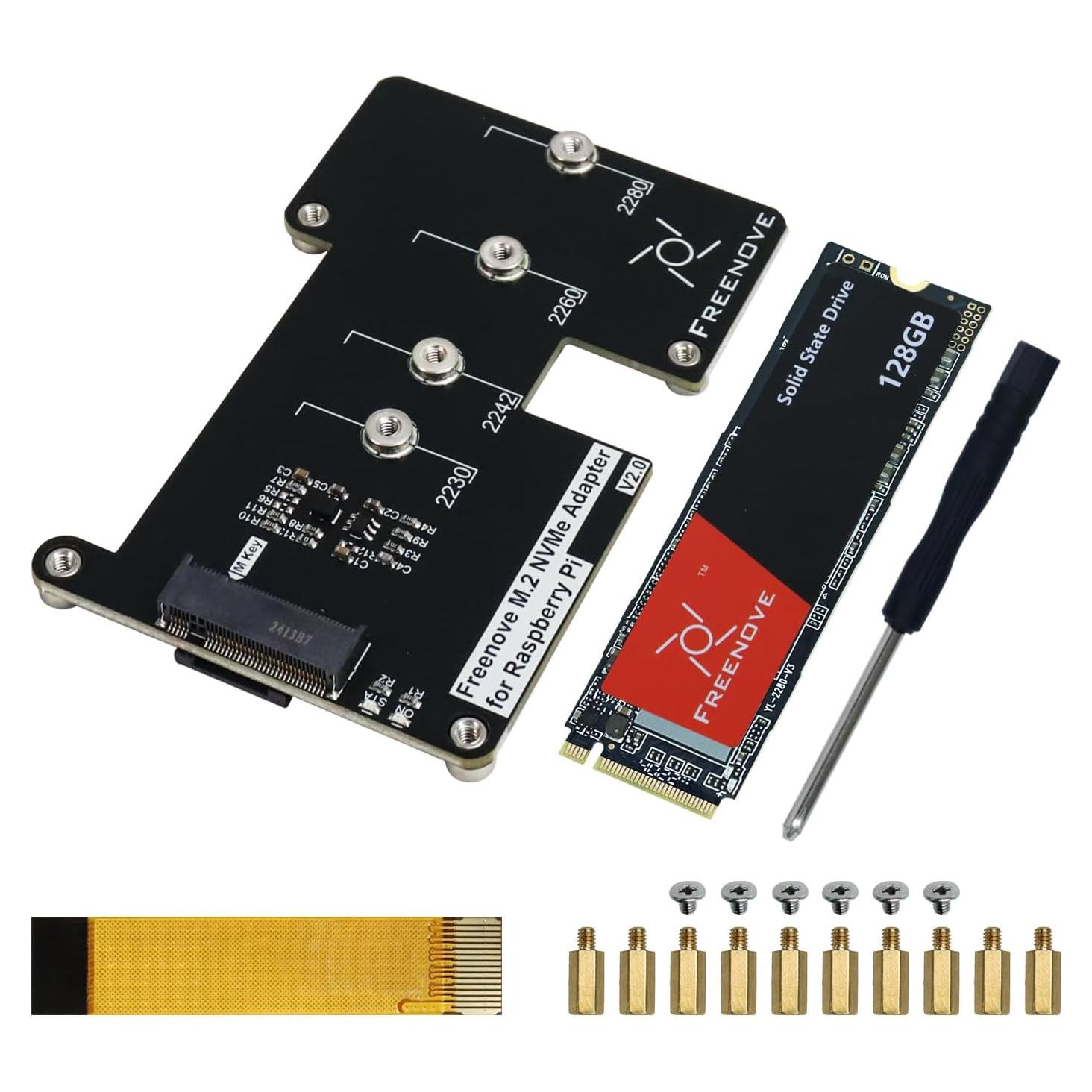 Adaptador M.2 NVMe Freenove V2 para Raspberry Pi 5 con SSD 128GB
