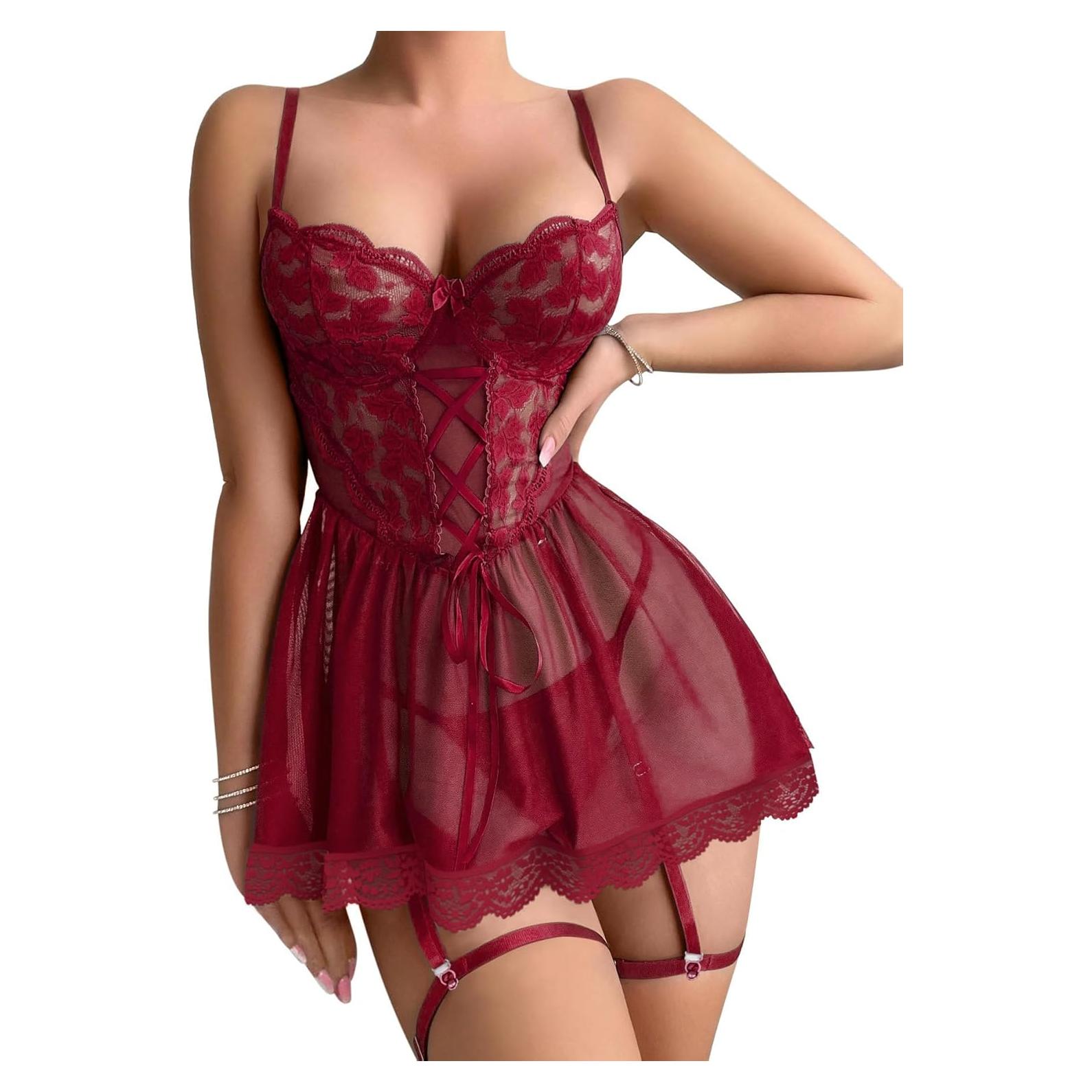 Conjunto de Lencería Lilosy Babydoll Rojo Burdeos Talla Grande
