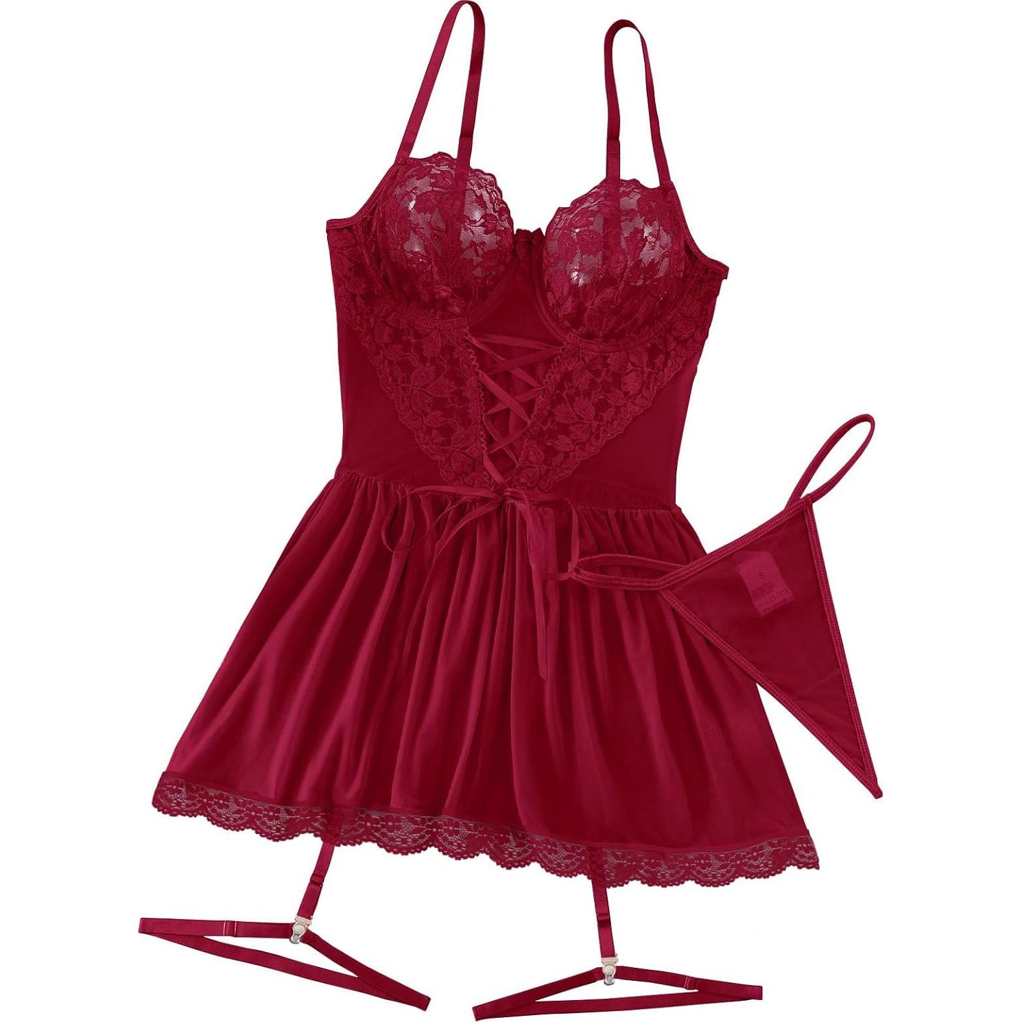 Conjunto de Lencería Lilosy Babydoll Rojo Burdeos Talla Grande