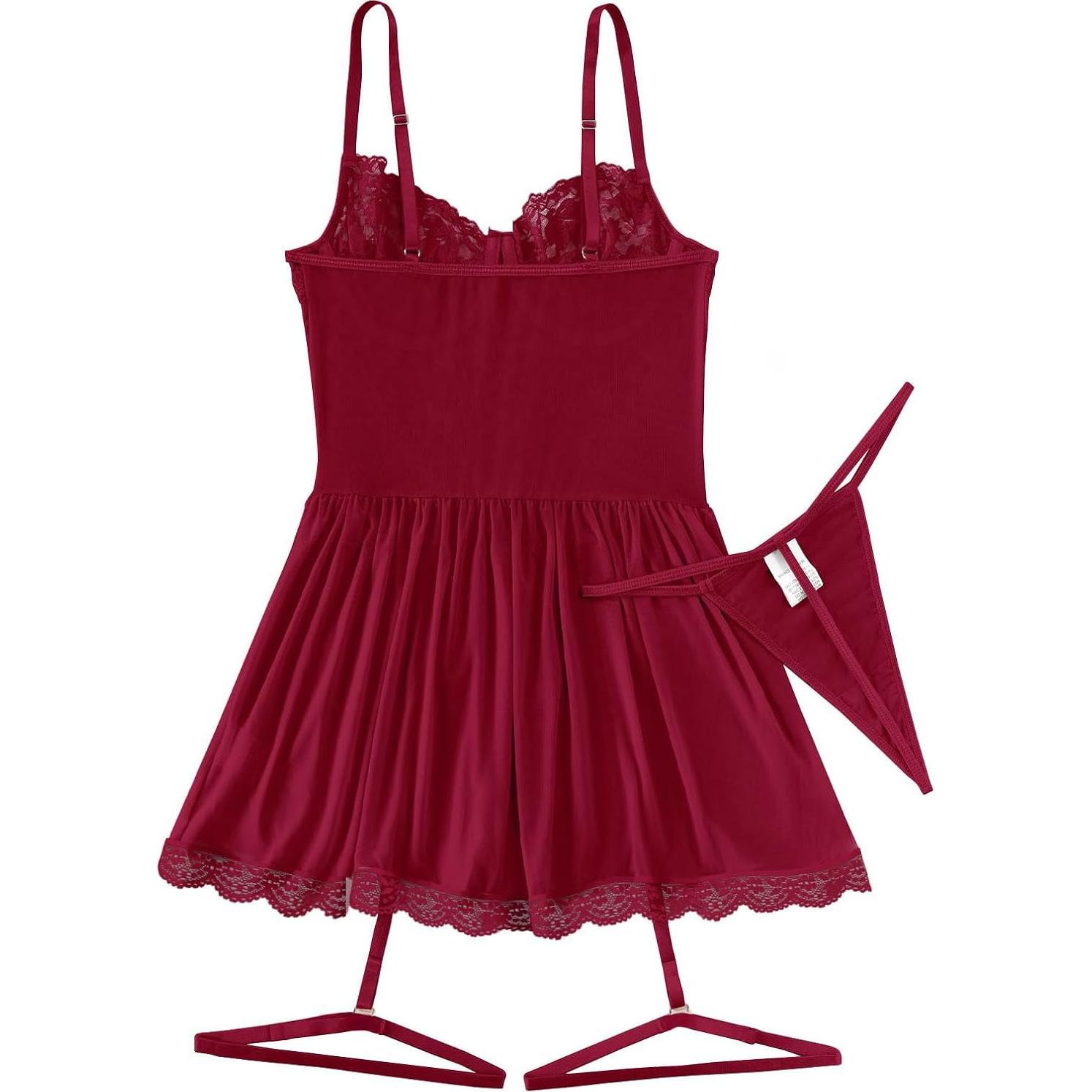 Conjunto de Lencería Lilosy Babydoll Rojo Burdeos Talla Grande