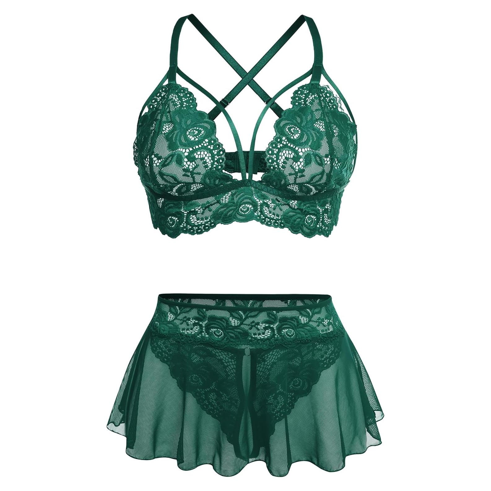Conjunto de Lencería Sexy GIEAUAU 3 Piezas Verde Oscuro