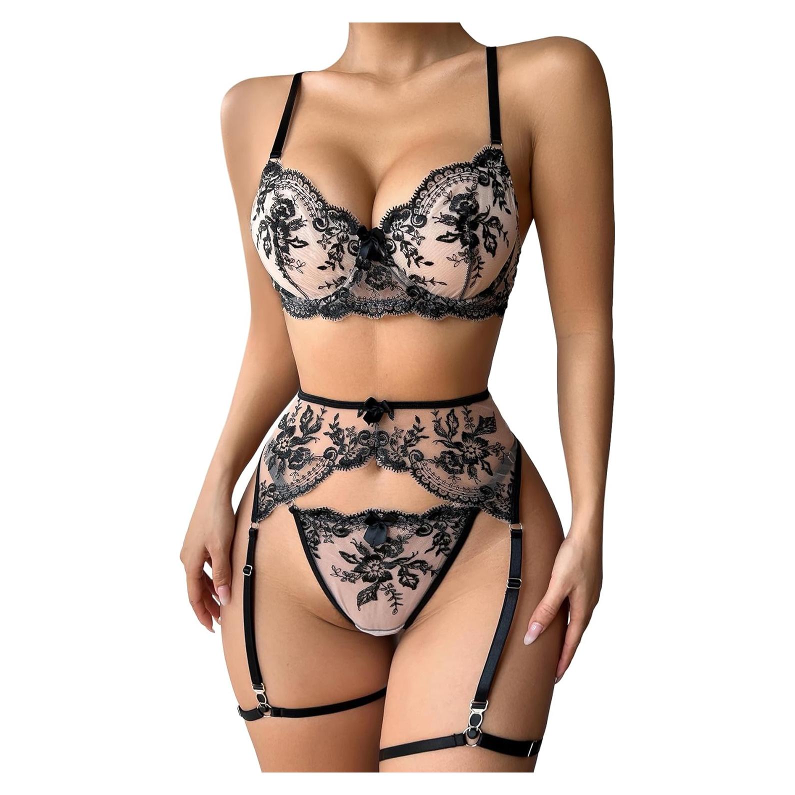 Conjunto Lencería Sexy Lilosy 3 Piezas Encaje Negro