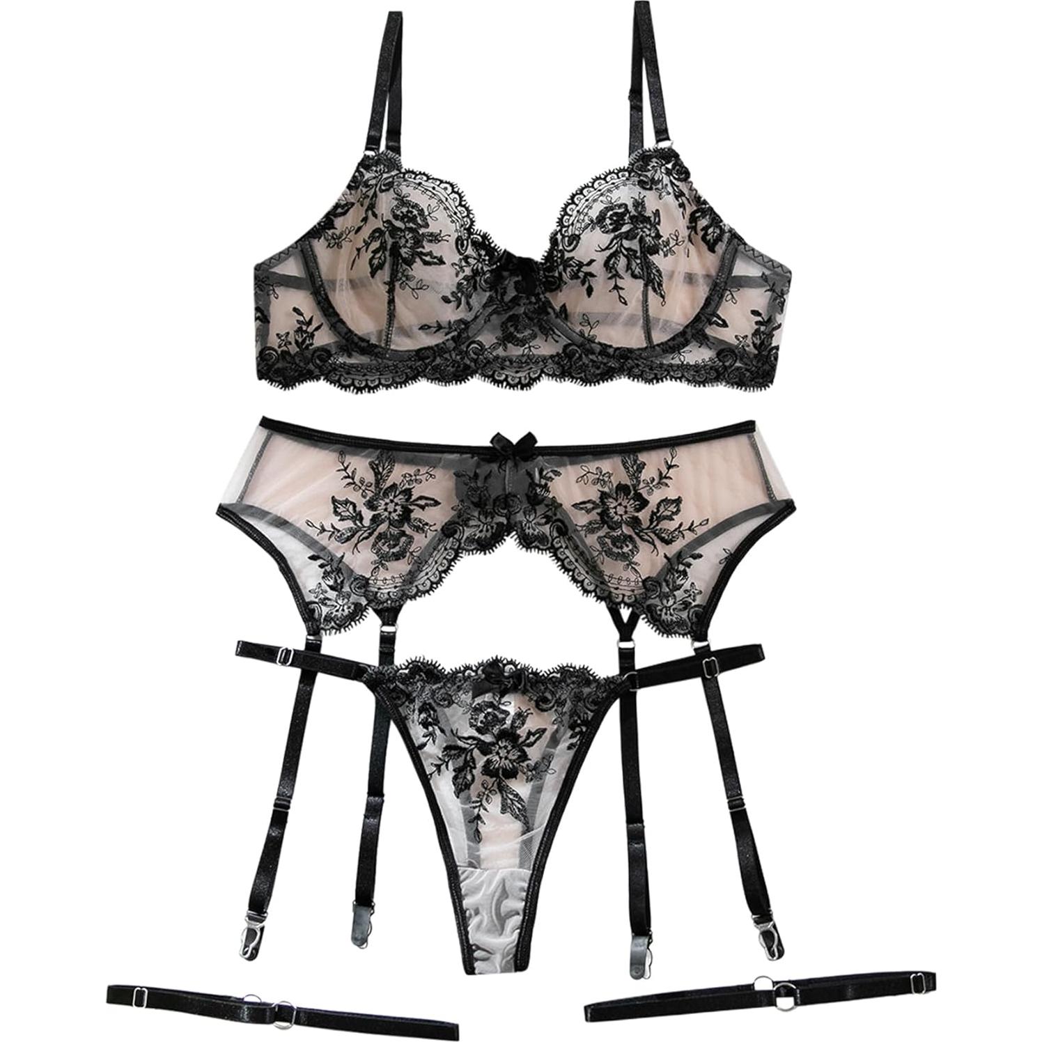 Conjunto Lencería Sexy Lilosy 3 Piezas Encaje Negro