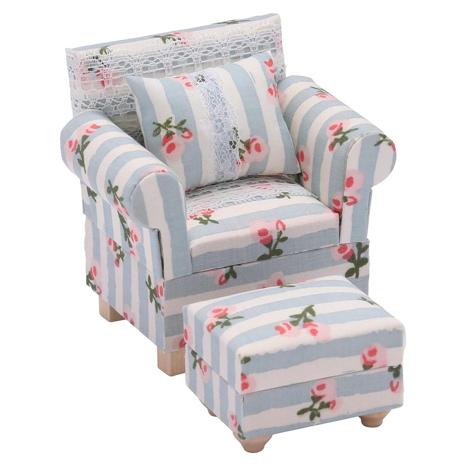 Sofá Miniatura Inusitus con Otomana Azul 1/12 para Muñecas