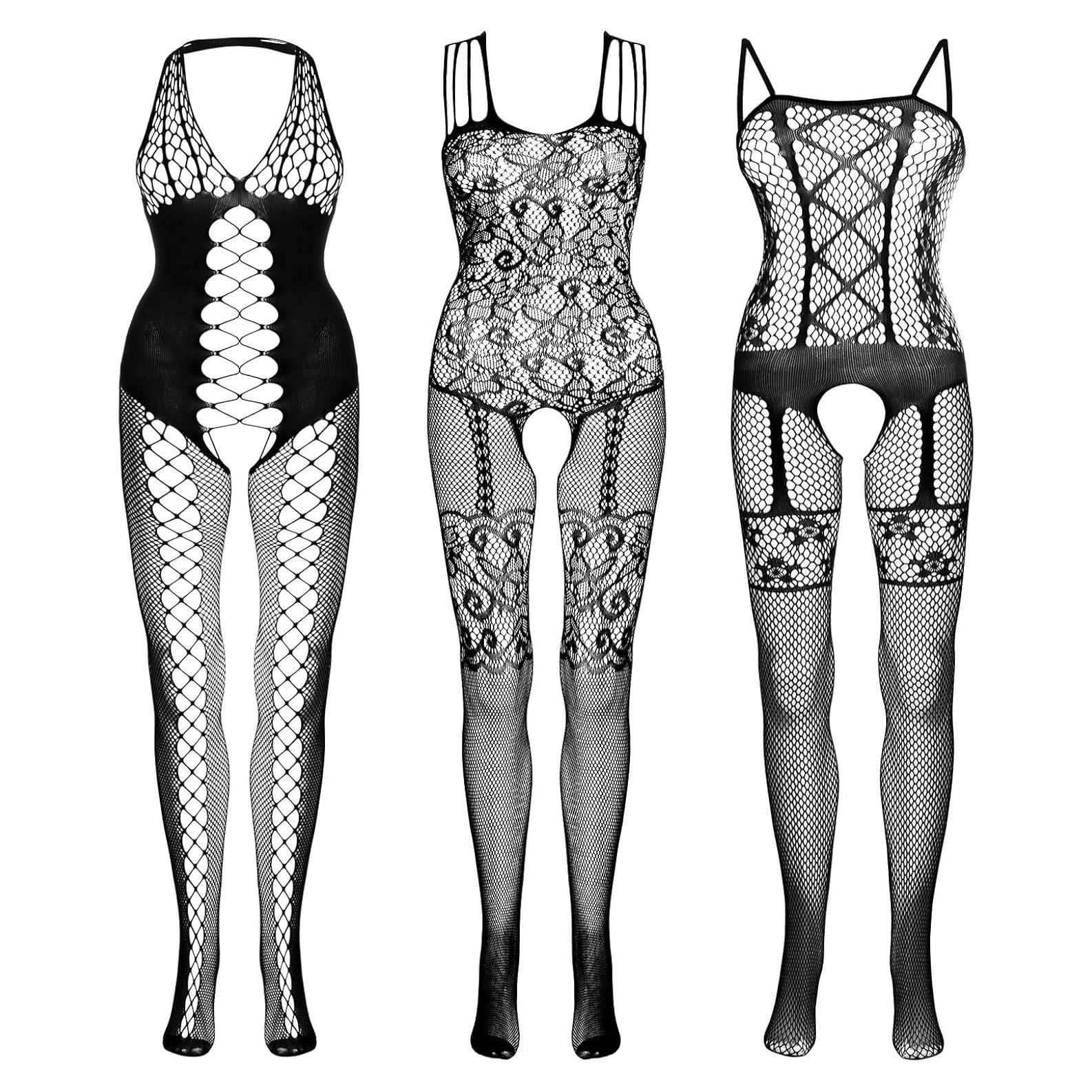 Fengek 3 Piezas Bodysuits Mallas Lencería Mujeres Negro