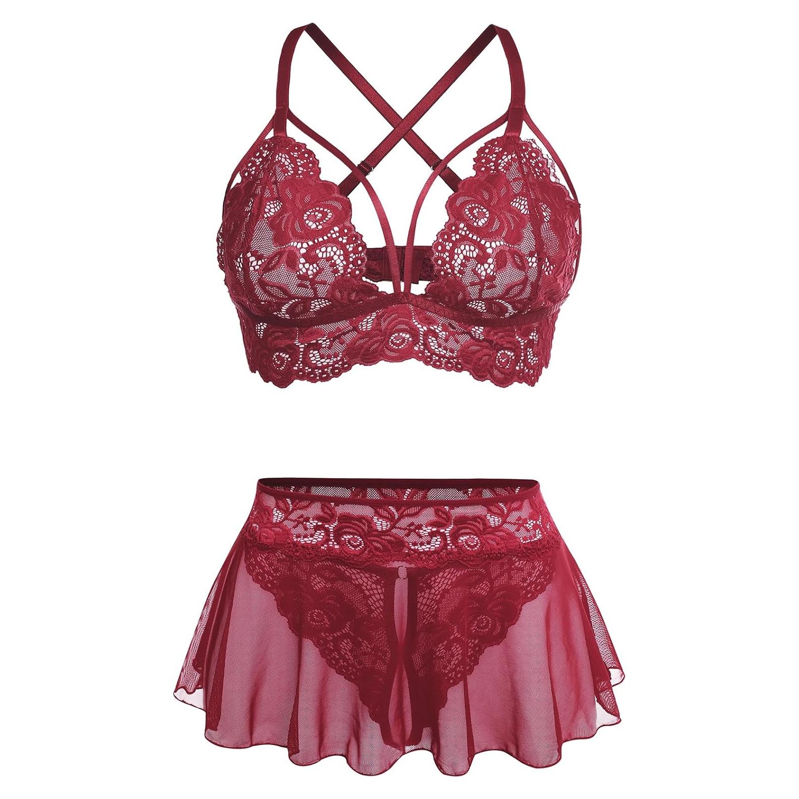 Conjunto de Lencería Sexy GIEAUAU 3 Piezas Rojo Vino