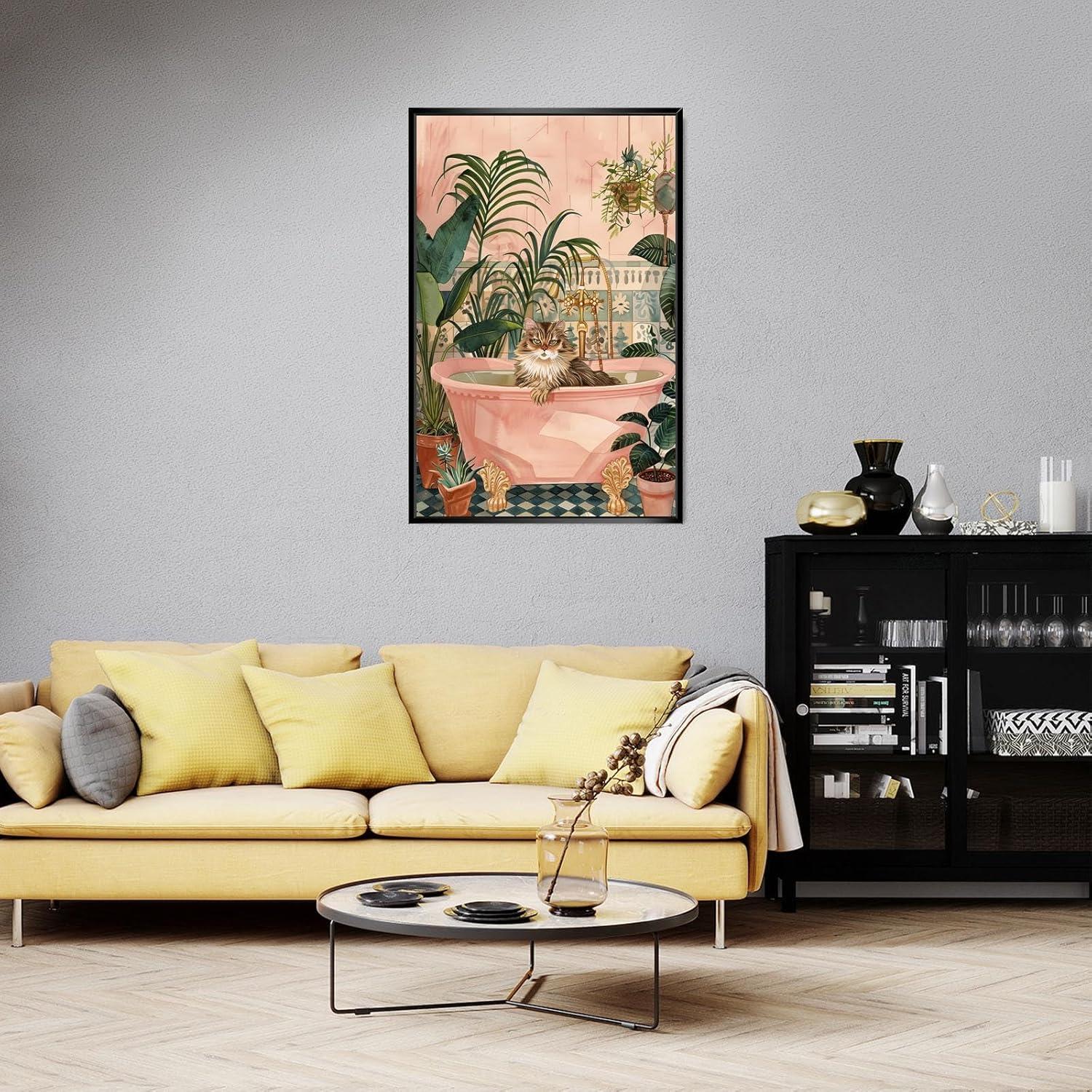 Cartel Decorativo de Gato en Baño Rosa 20x25cm Enmarcado