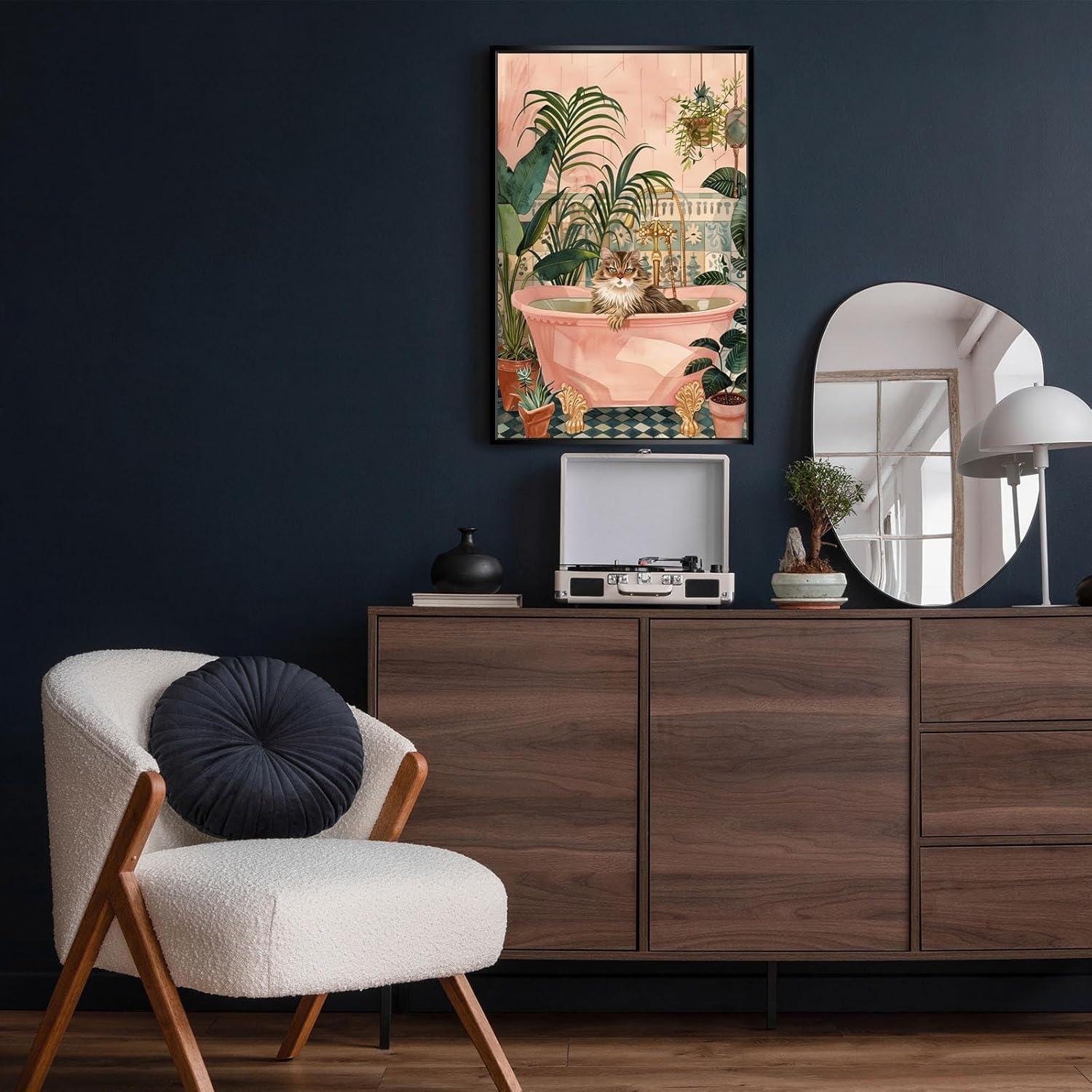 Cartel Decorativo de Gato en Baño Rosa 20x25cm Enmarcado