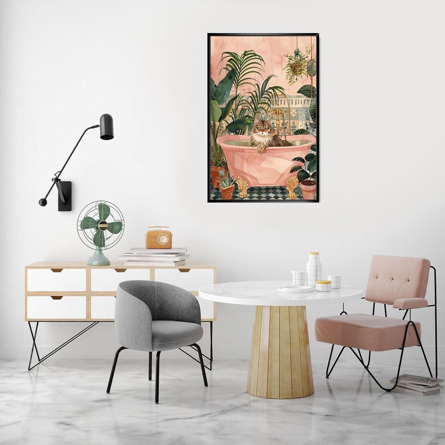 Cartel Decorativo de Gato en Baño Rosa 20x25cm Enmarcado