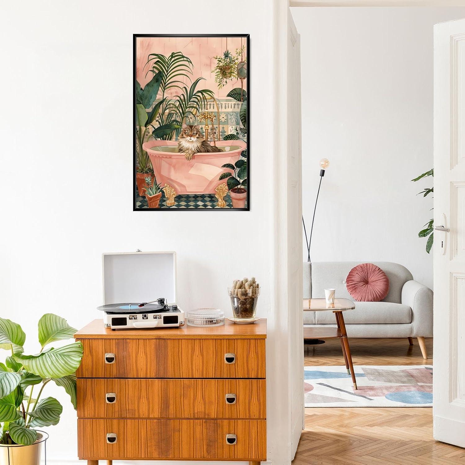 Cartel Decorativo de Gato en Baño Rosa 20x25cm Enmarcado