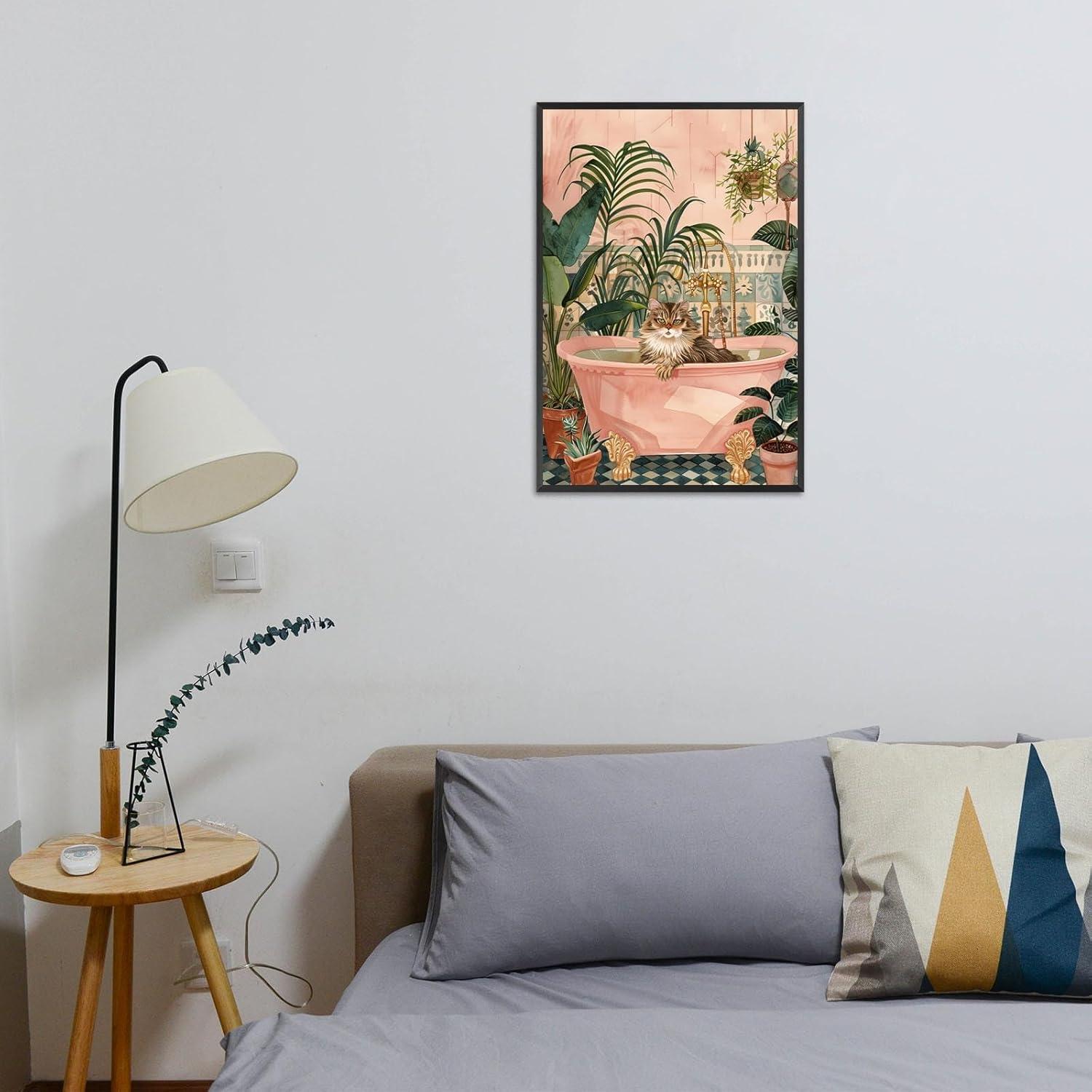 Cartel Decorativo de Gato en Baño Rosa 20x25cm Enmarcado